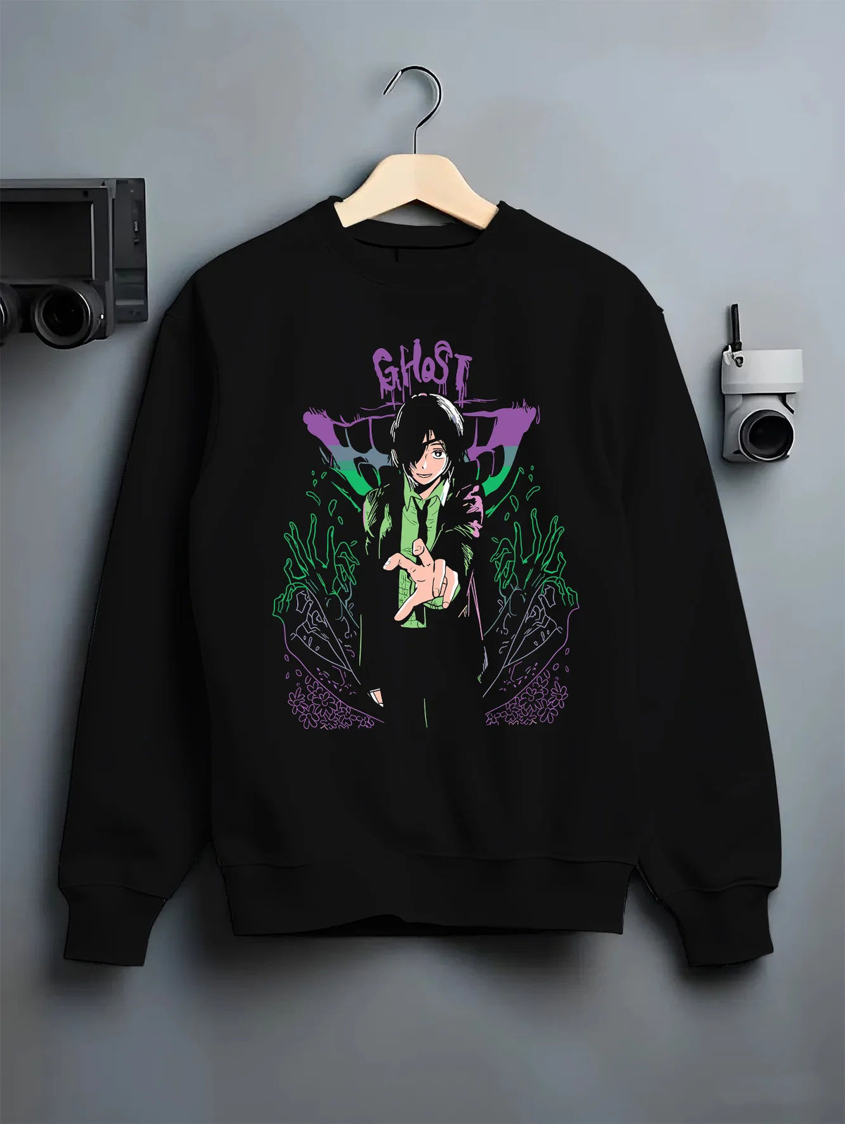 Black crewneck sweatshirt on hanger showing Himeno from Chainsaw Man: Chainsaw Man Ghost Devil motif