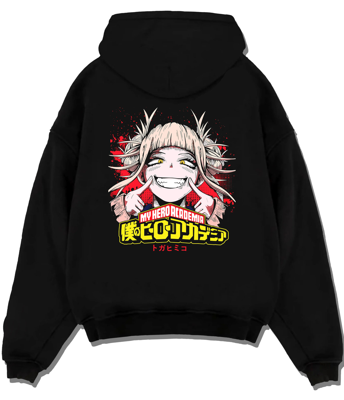 Black hoodie flat back view showing Himiko Toga from My Hero Academia: smiling heroine portrait