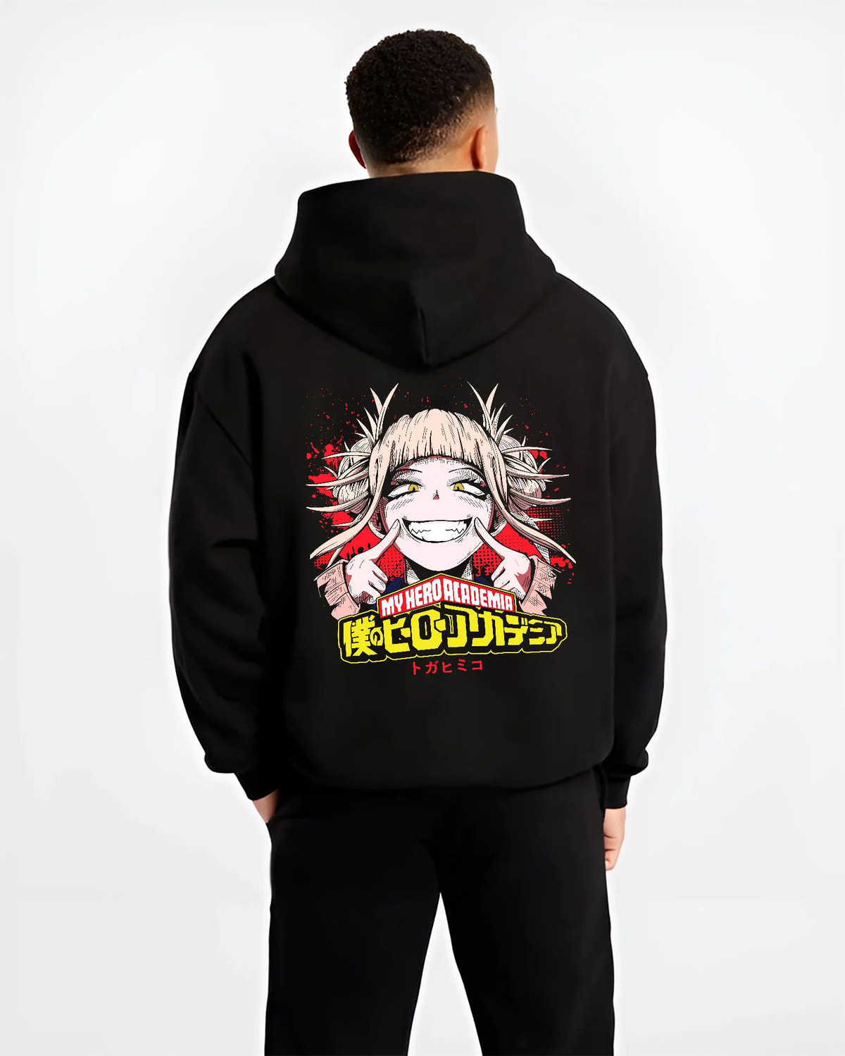 Black hoodie model back view showing Himiko Toga from My Hero Academia: smiling heroine portrait