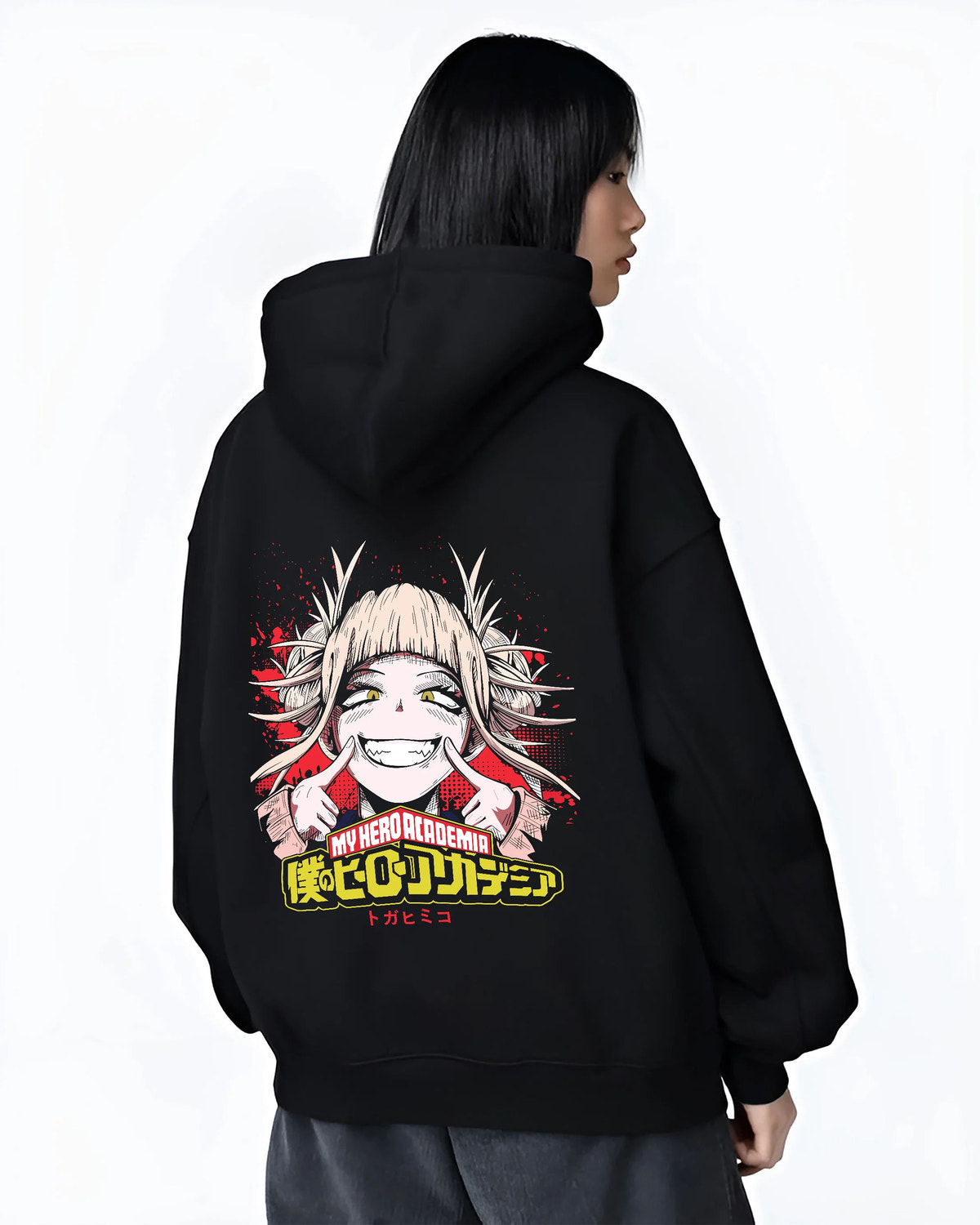 Black hoodie female model back view showing Himiko Toga from My Hero Academia: smiling heroine portrait