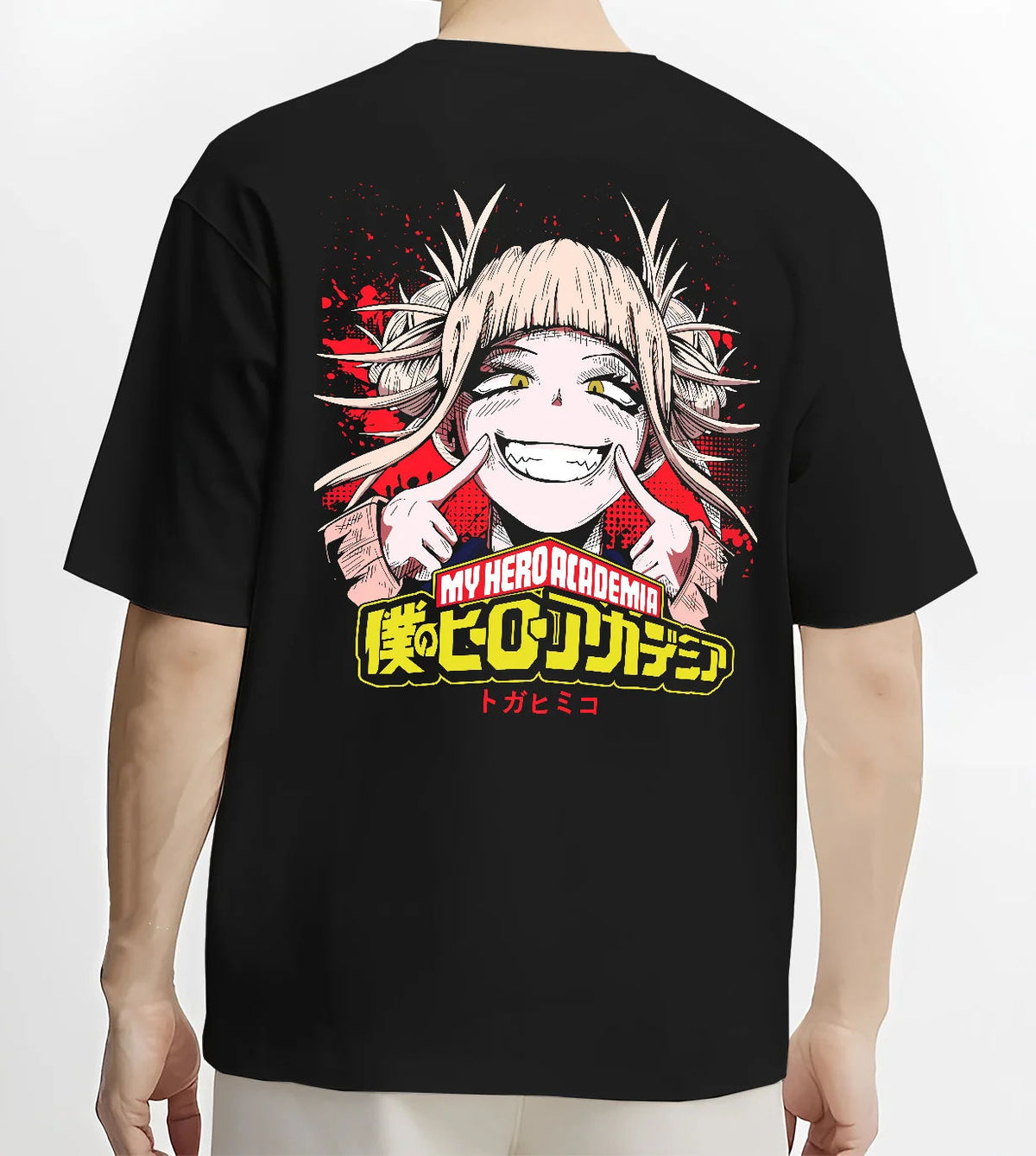 Black T-shirt model back view showing Himiko Toga from My Hero Academia: smiling heroine portrait