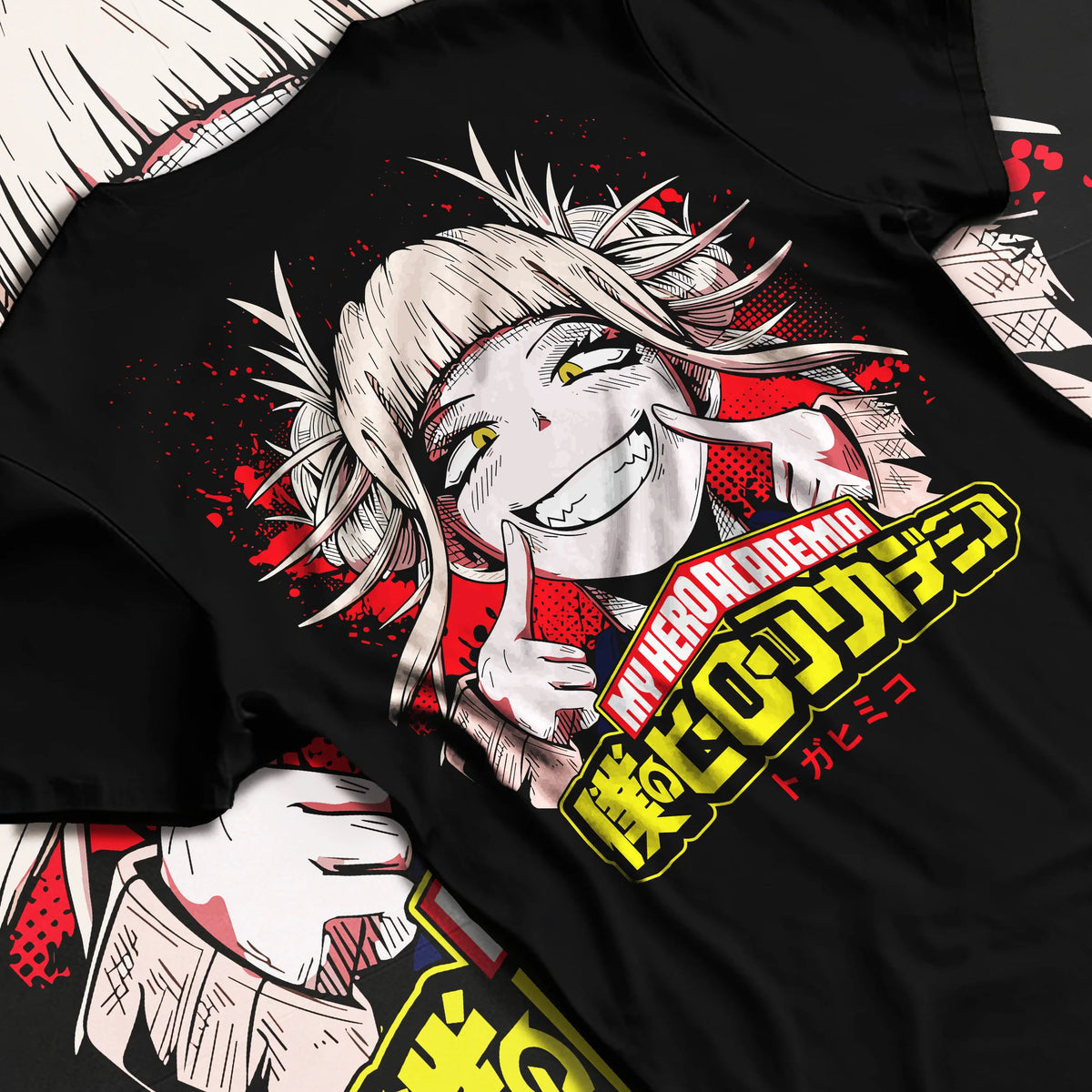 Black T-shirt flat back view showing Himiko Toga from My Hero Academia: smiling heroine portrait