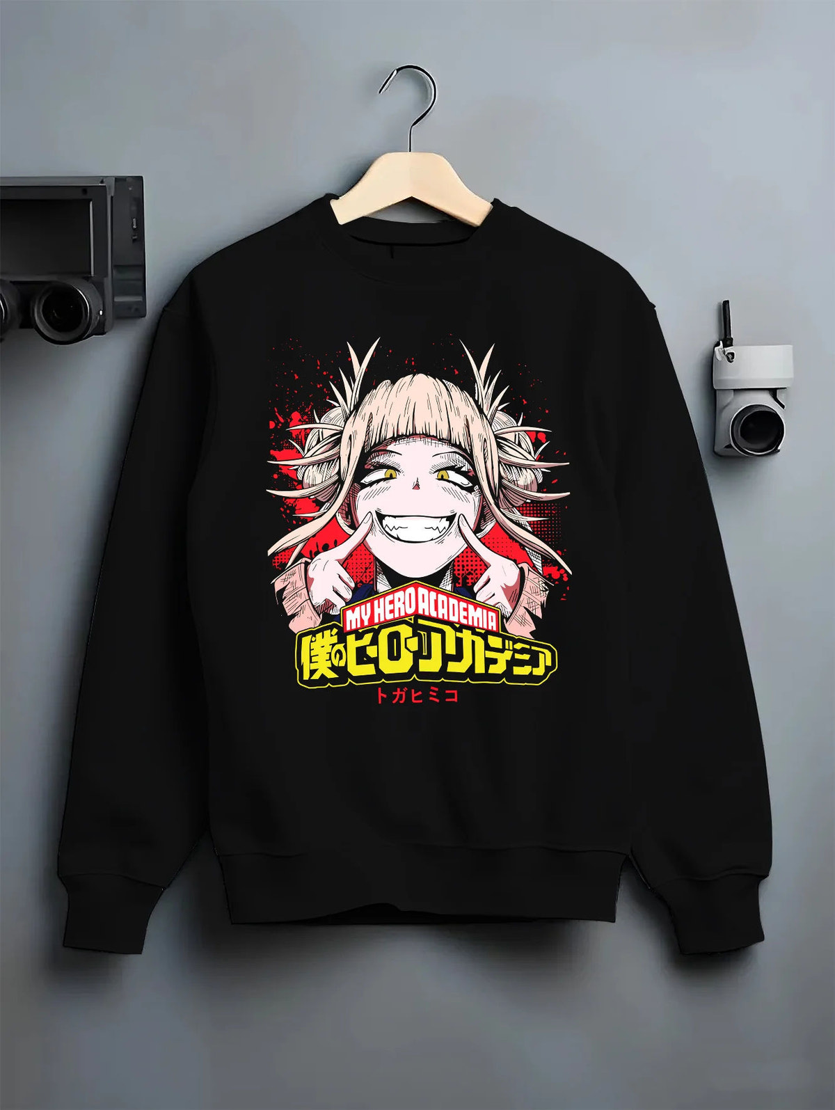 Black crewneck sweatshirt on hanger showing Himiko Toga from My Hero Academia: smiling heroine portrait