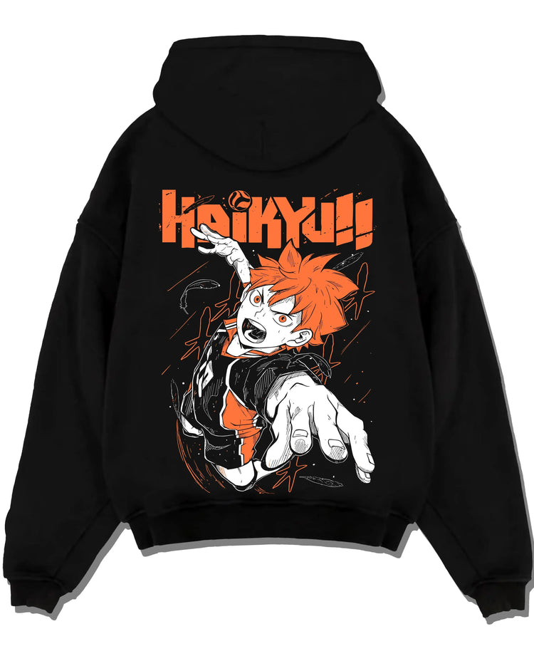 Black pullover hoodie laid flat with Haikyuu Hoodie Shoyo Hinata Lightning Jump Jumper graphic premium wear.