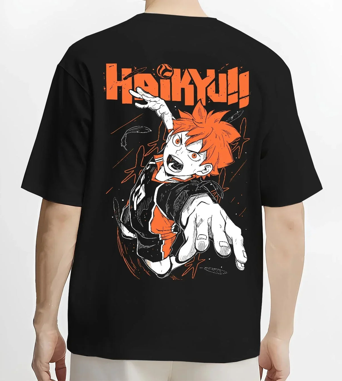 Black T-shirt worn by male model, back view with Haikyuu Hoodie Shoyo Hinata Lightning Jump Jumper graphic premium wear.