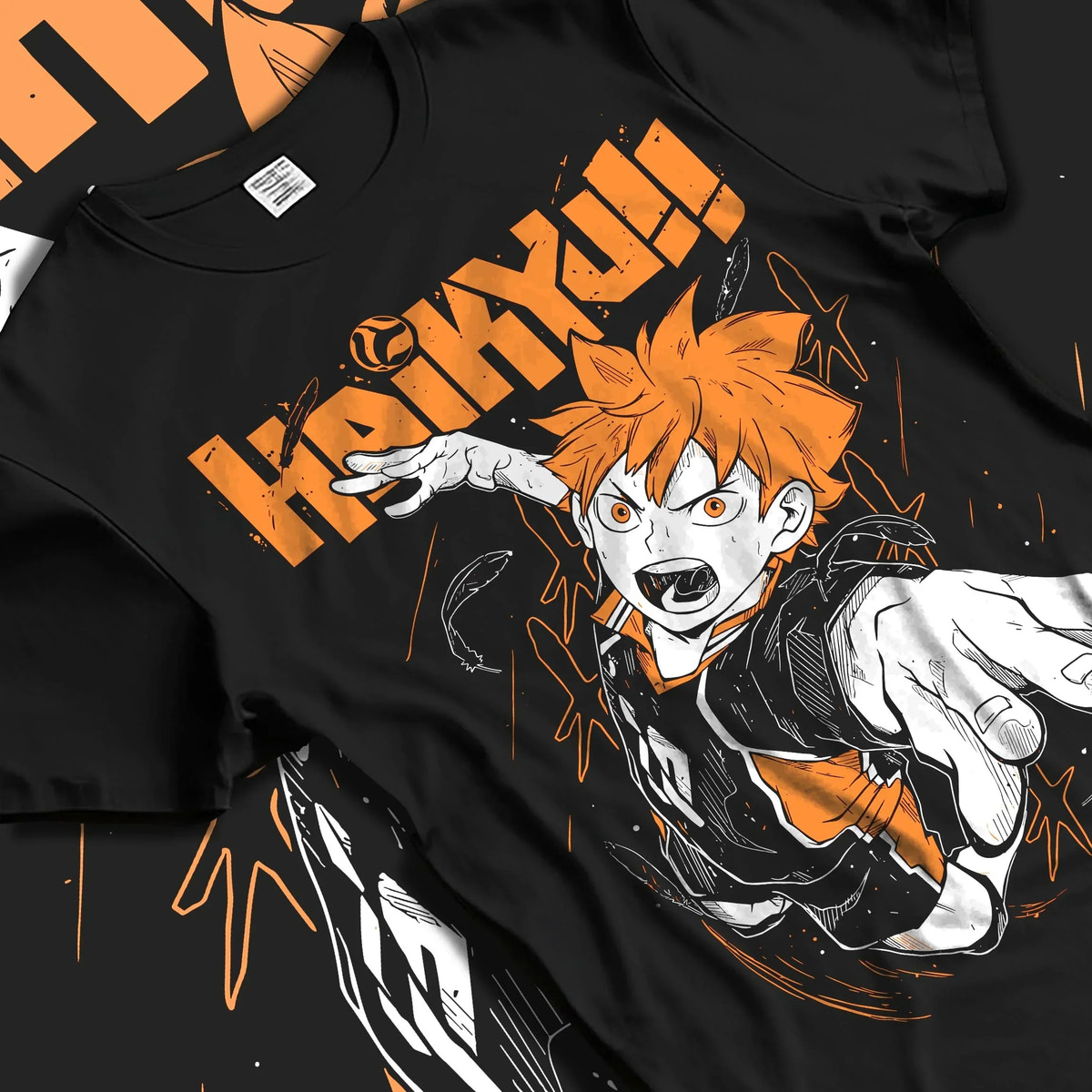Black T-shirt laid flat with natural folds with Haikyuu Hoodie Shoyo Hinata Lightning Jump Jumper graphic bold anime graphic.