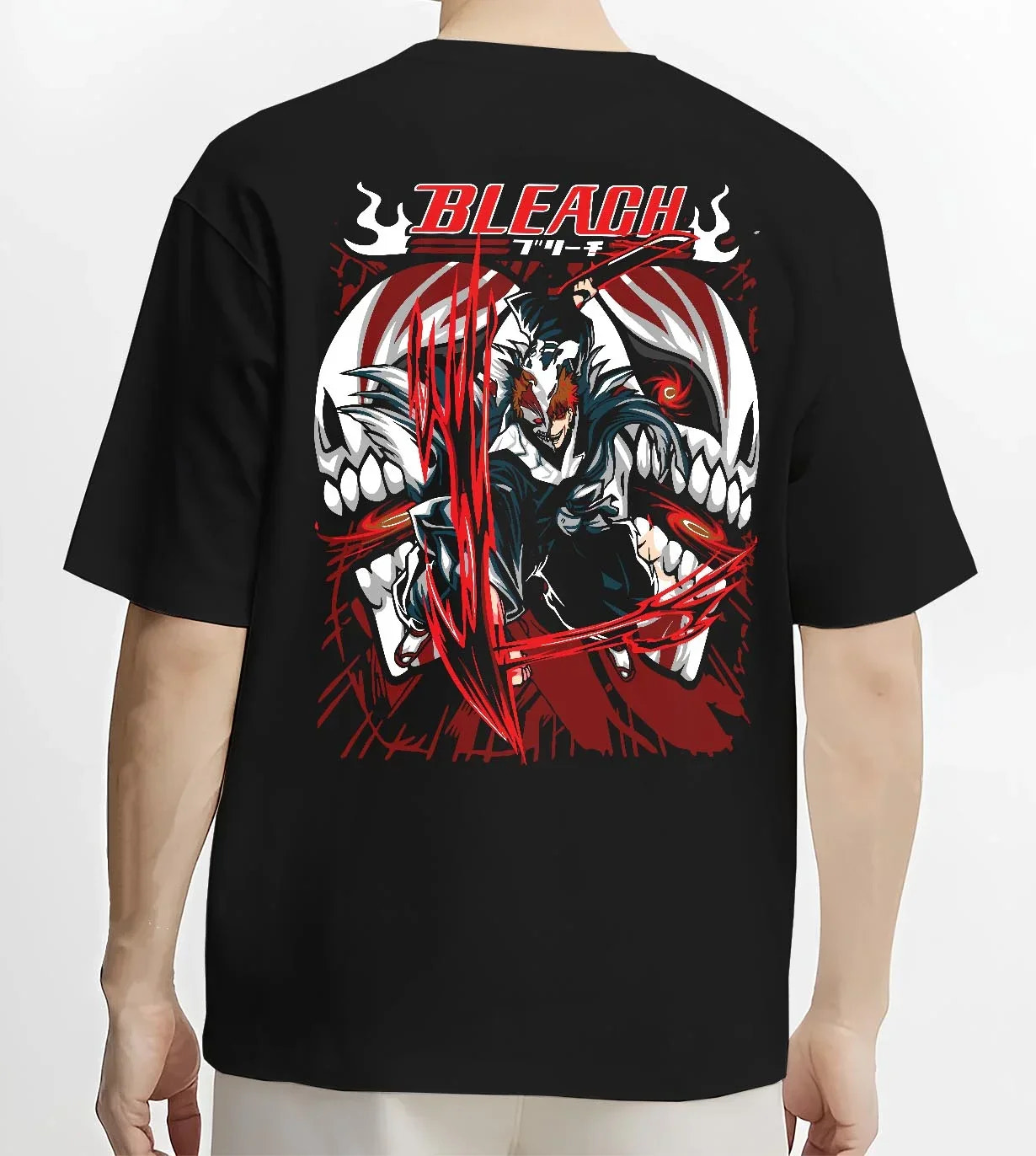 Black T-shirt worn by male model, back view with Ichigo Hollow Form Hoodie Bleach Inner Hollow Rage graphic streetwear graphic.