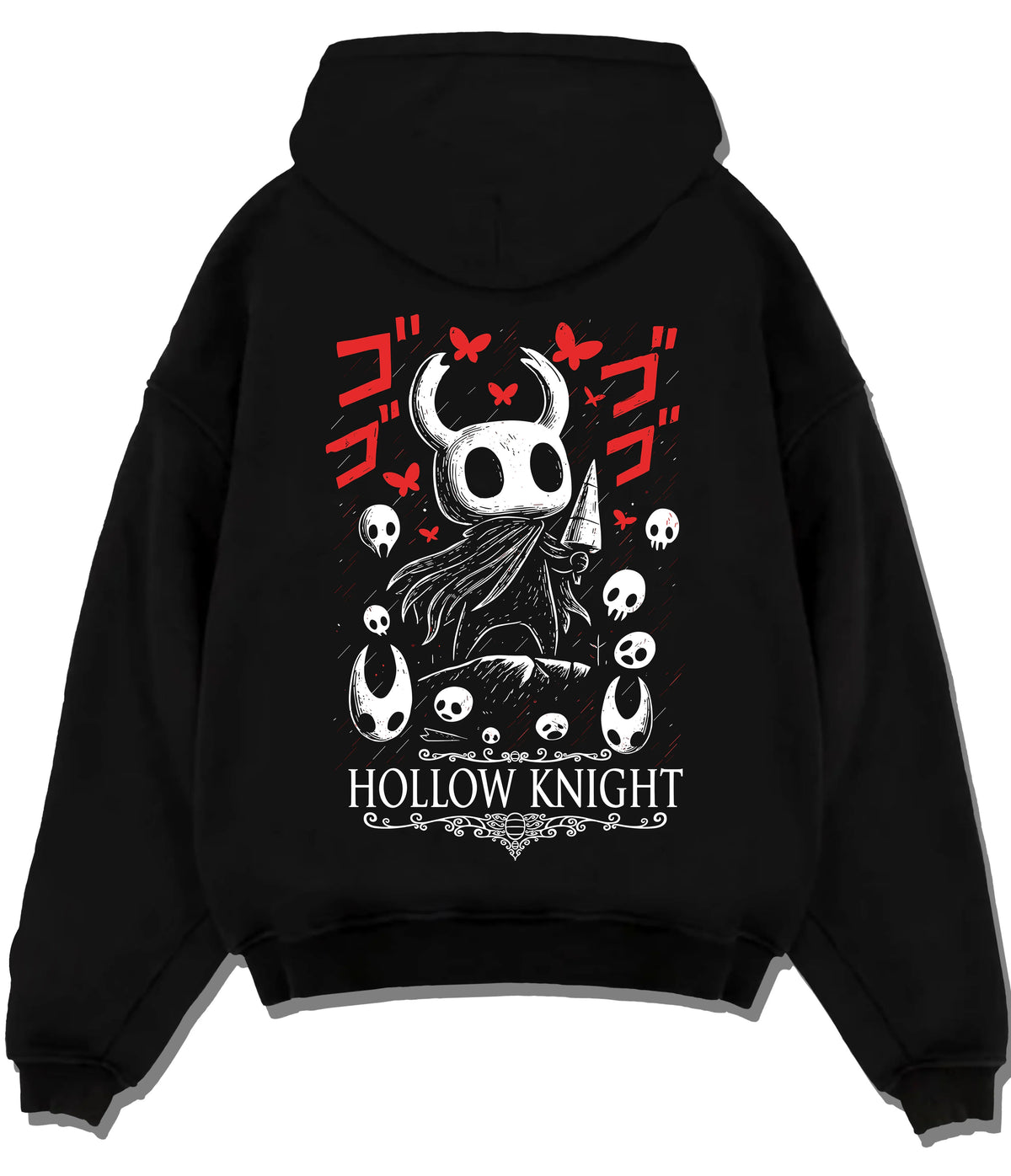 Black hoodie flat back view showing Hollow Knight: black-and-white knight heads