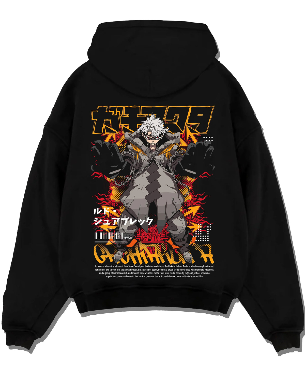 Black pullover hoodie laid flat with Gachiakuta Hoodie Rasem Dark Aura Jumper graphic streetwear graphic.