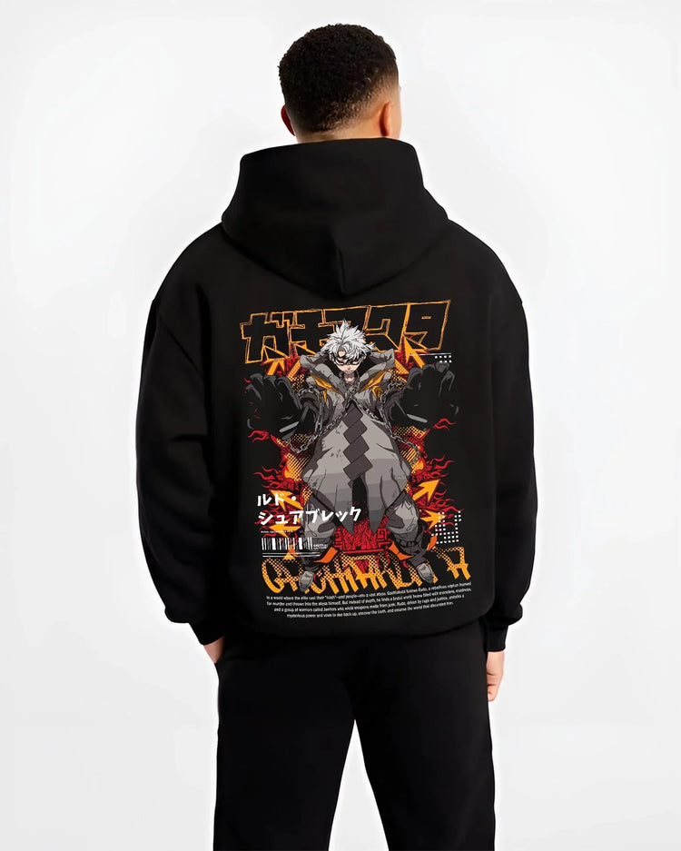 Black hoodie worn by male model, back view with Gachiakuta Hoodie Rasem Dark Aura Jumper graphic streetwear graphic.
