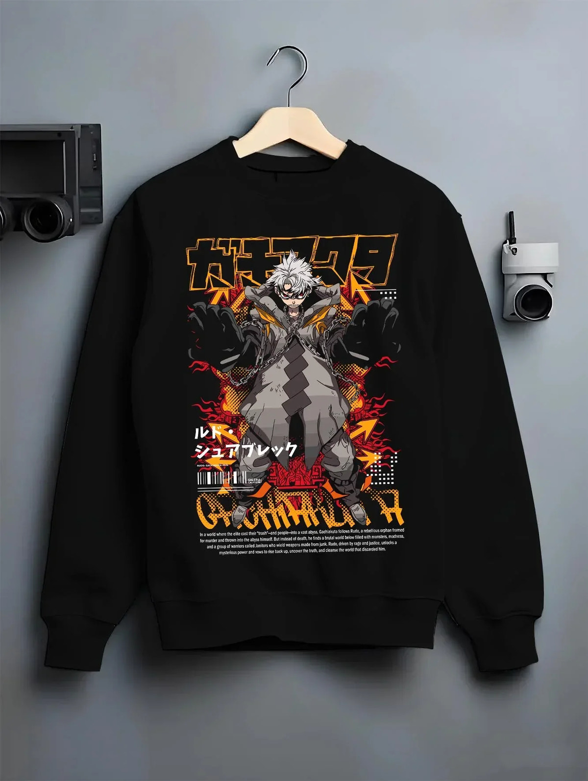 Black crewneck sweatshirt on hanger with Gachiakuta Hoodie Rasem Dark Aura Jumper graphic streetwear graphic.