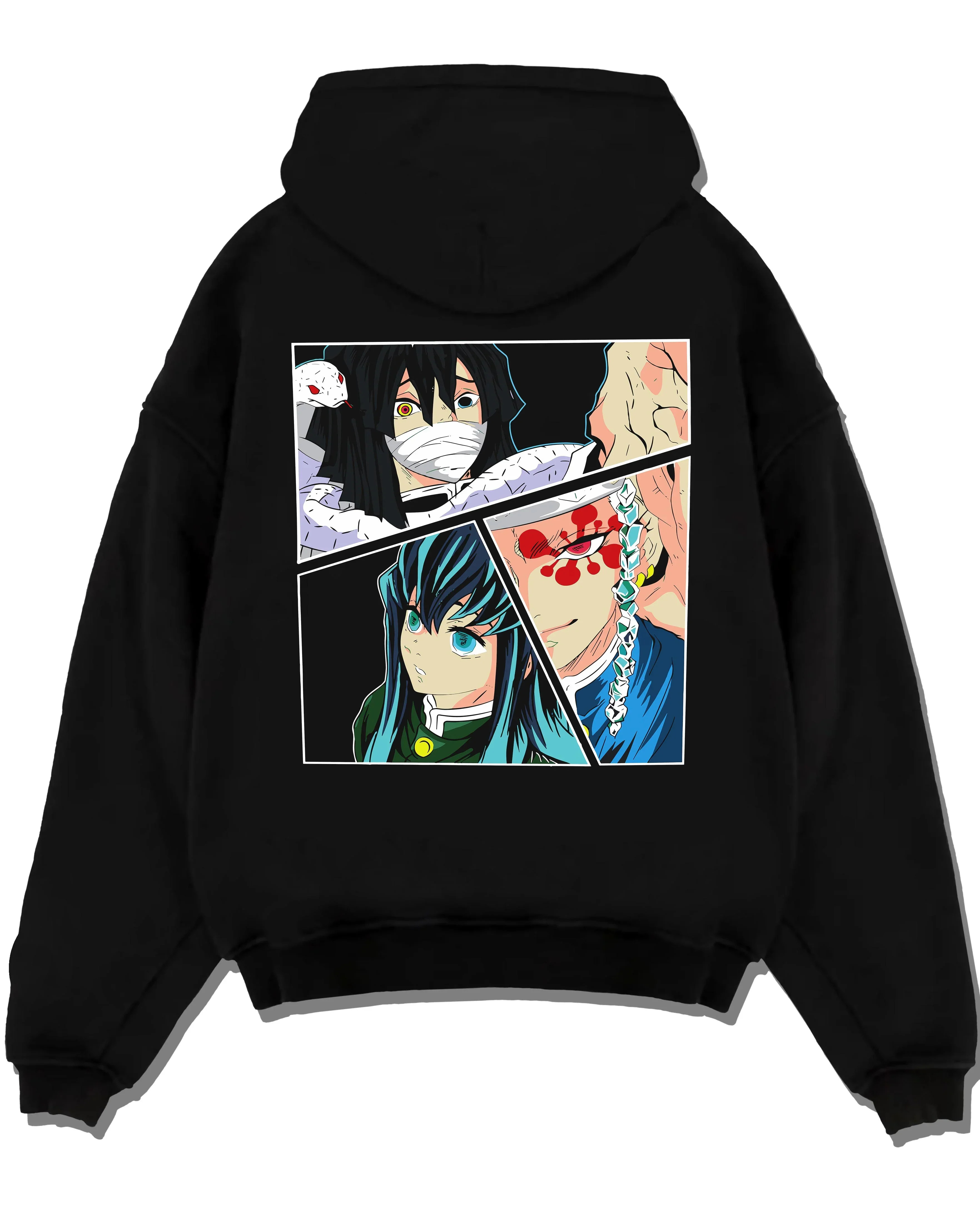 Black pullover hoodie laid flat with Shinobu Hoodie Demon Slayer Insect Hashira Butterfly graphic premium wear.
