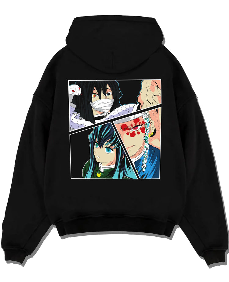Black pullover hoodie laid flat with Shinobu Hoodie Demon Slayer Insect Hashira Butterfly graphic premium wear.