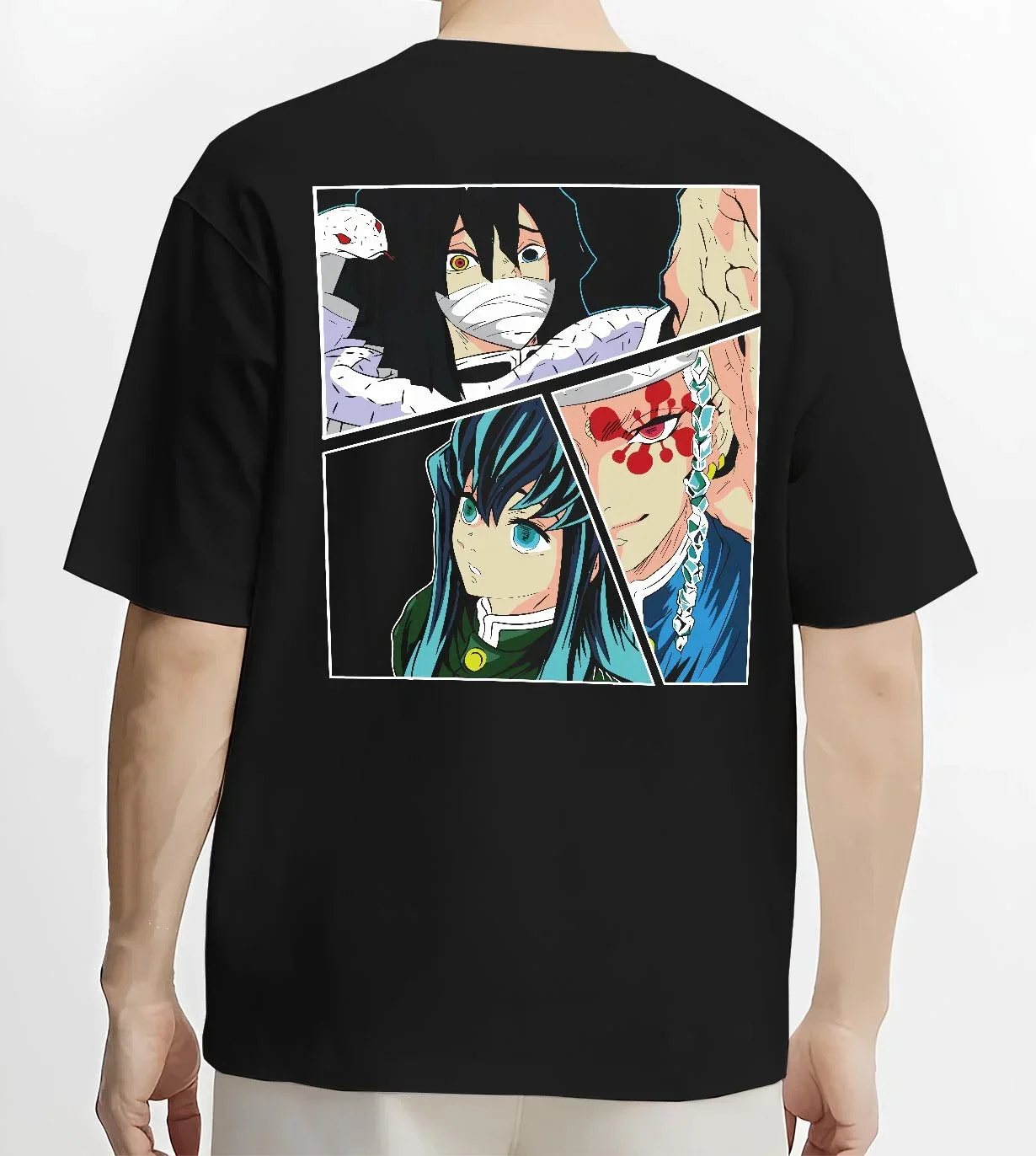 Black T-shirt worn by male model, back view with Shinobu Hoodie Demon Slayer Insect Hashira Butterfly graphic streetwear graphic.