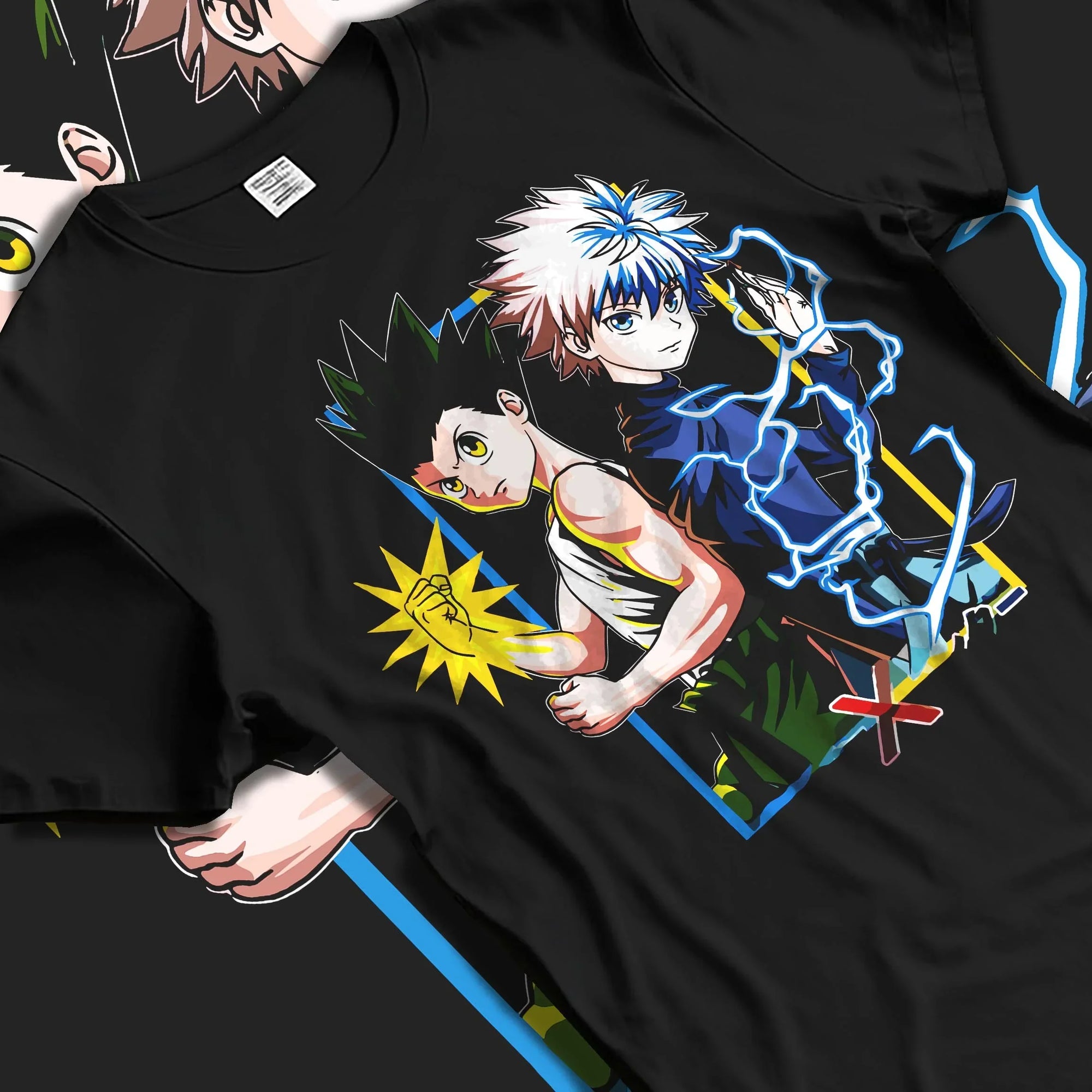 Black T-shirt laid flat with natural folds with Hunter x Hunter Hoodie Gon Freecss Determined Jumper graphic premium wear.