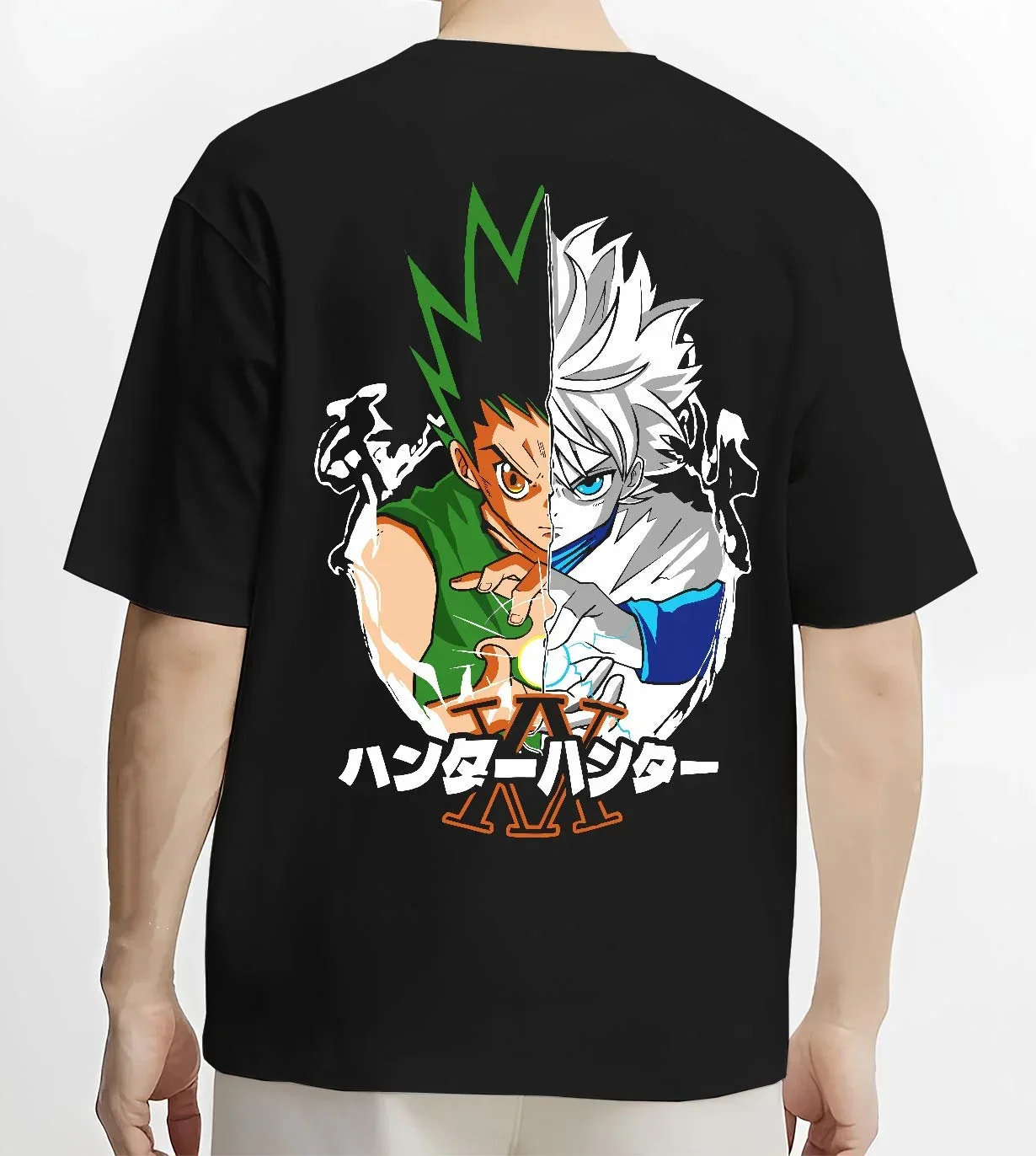Black T-shirt worn by male model, back view with Hunter x Hunter Hoodie Gon Killua Team Jumper graphic bold anime graphic.