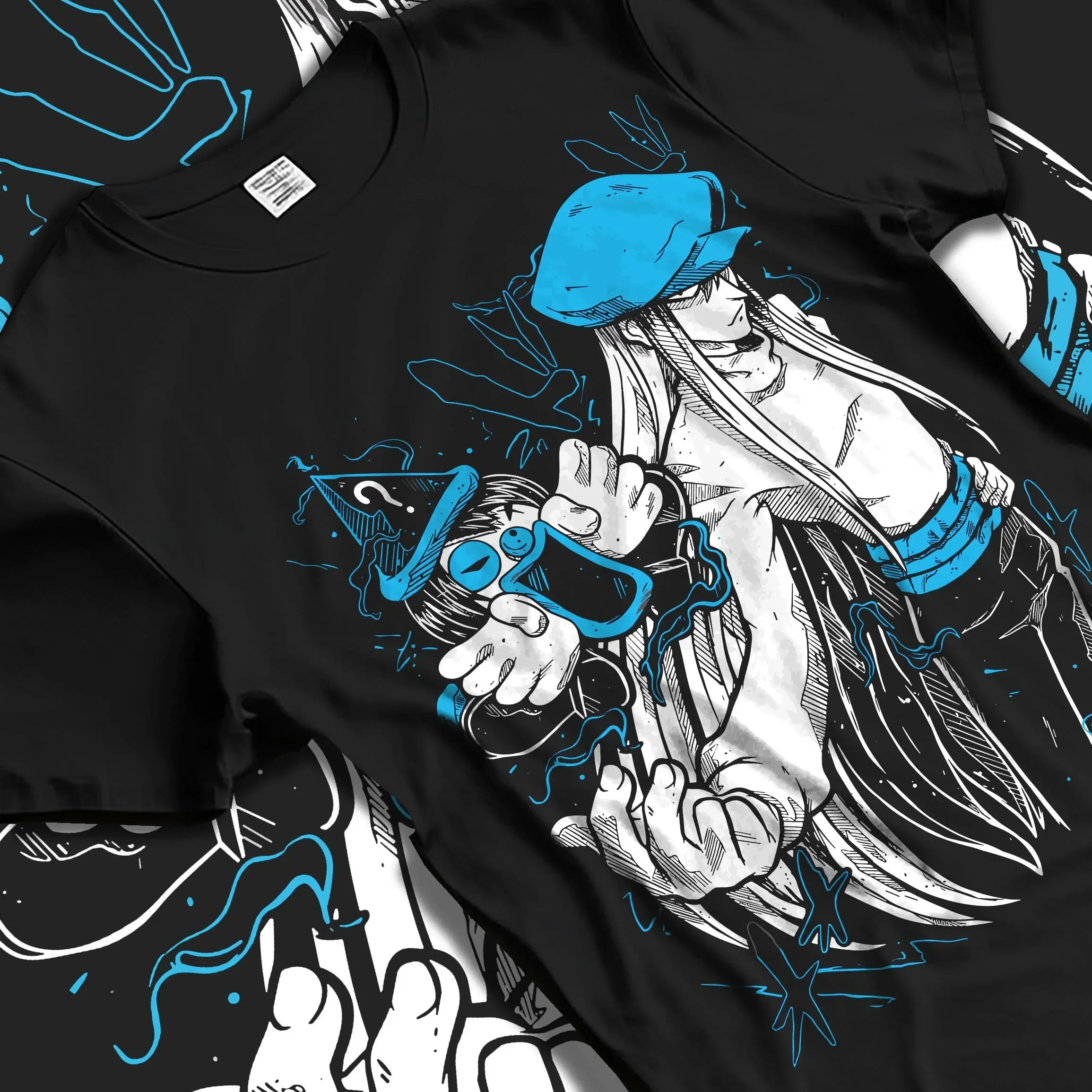 Black T-shirt laid flat with natural folds with Hunter x Hunter Hoodie Chrollo Lucifer Dark Jumper graphic streetwear graphic.