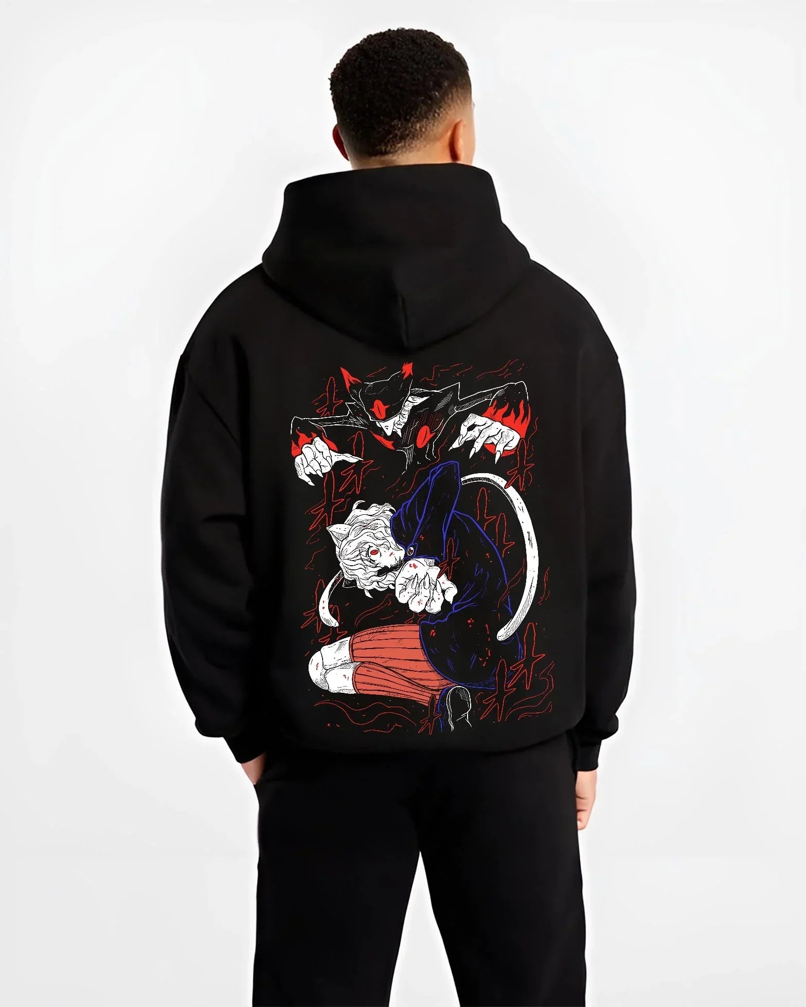 Black hoodie worn by male model, back view with Hunter x Hunter Hoodie Killua Zoldyck Lightning Jumper graphic premium wear.