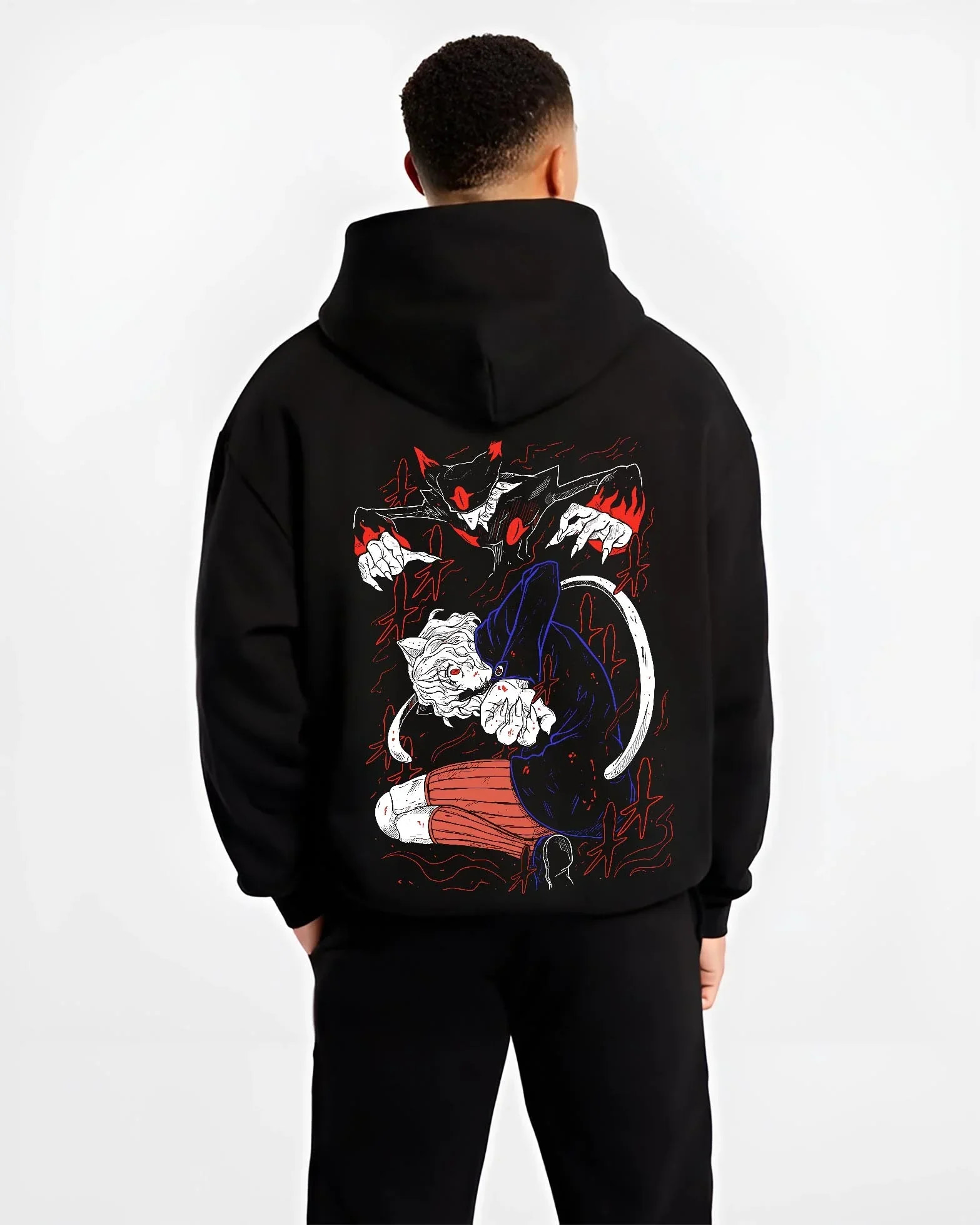 Black hoodie worn by male model, back view with Hunter x Hunter Hoodie Killua Zoldyck Lightning Jumper graphic premium wear.