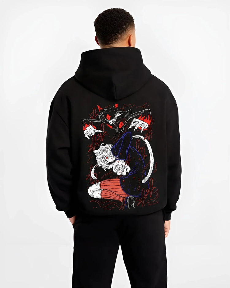 Black hoodie worn by male model, back view with Hunter x Hunter Hoodie Killua Zoldyck Lightning Jumper graphic premium wear.