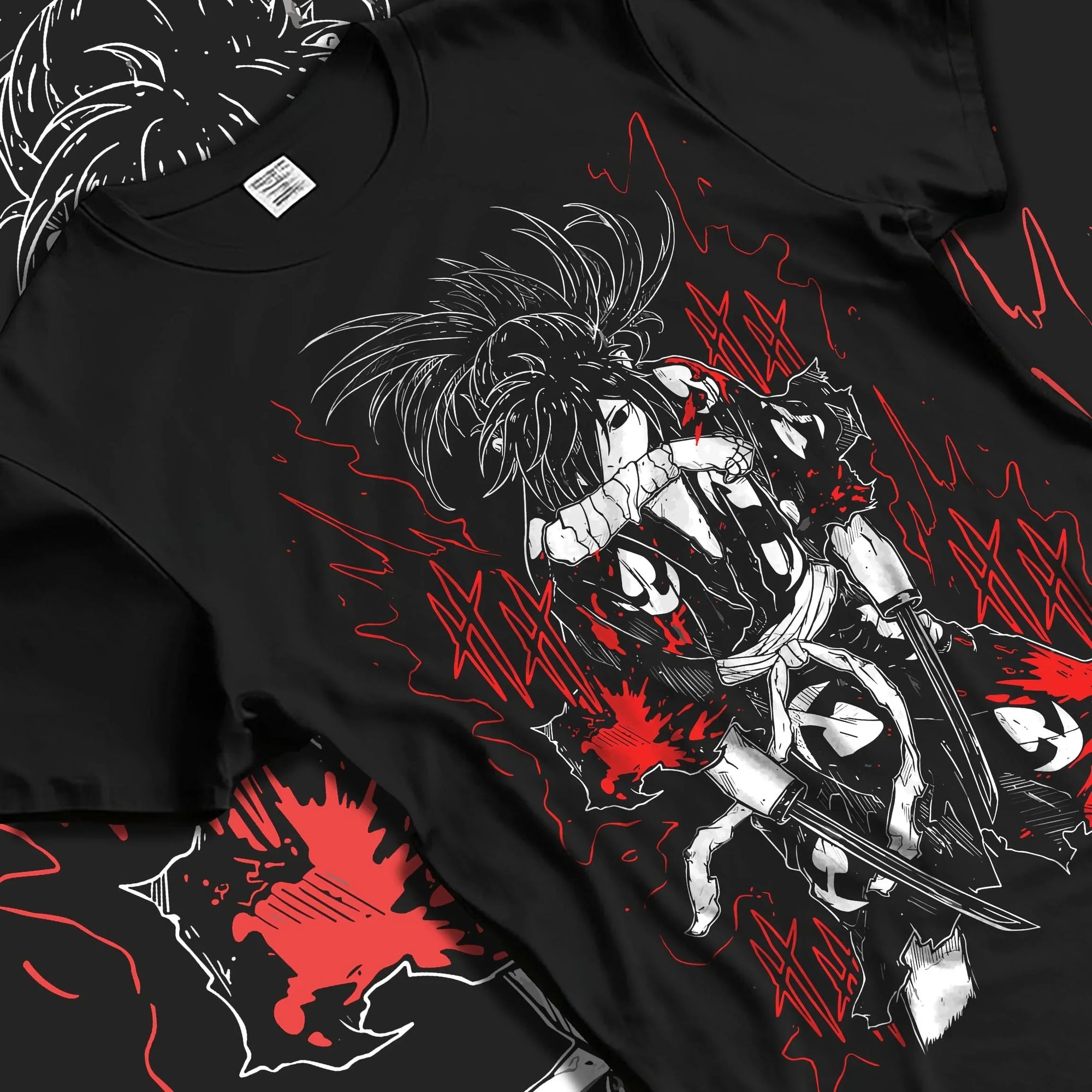 Black T-shirt laid flat with natural folds with Dororo Hoodie Hyakkimaru Sword Fighter Jumper graphic premium wear.