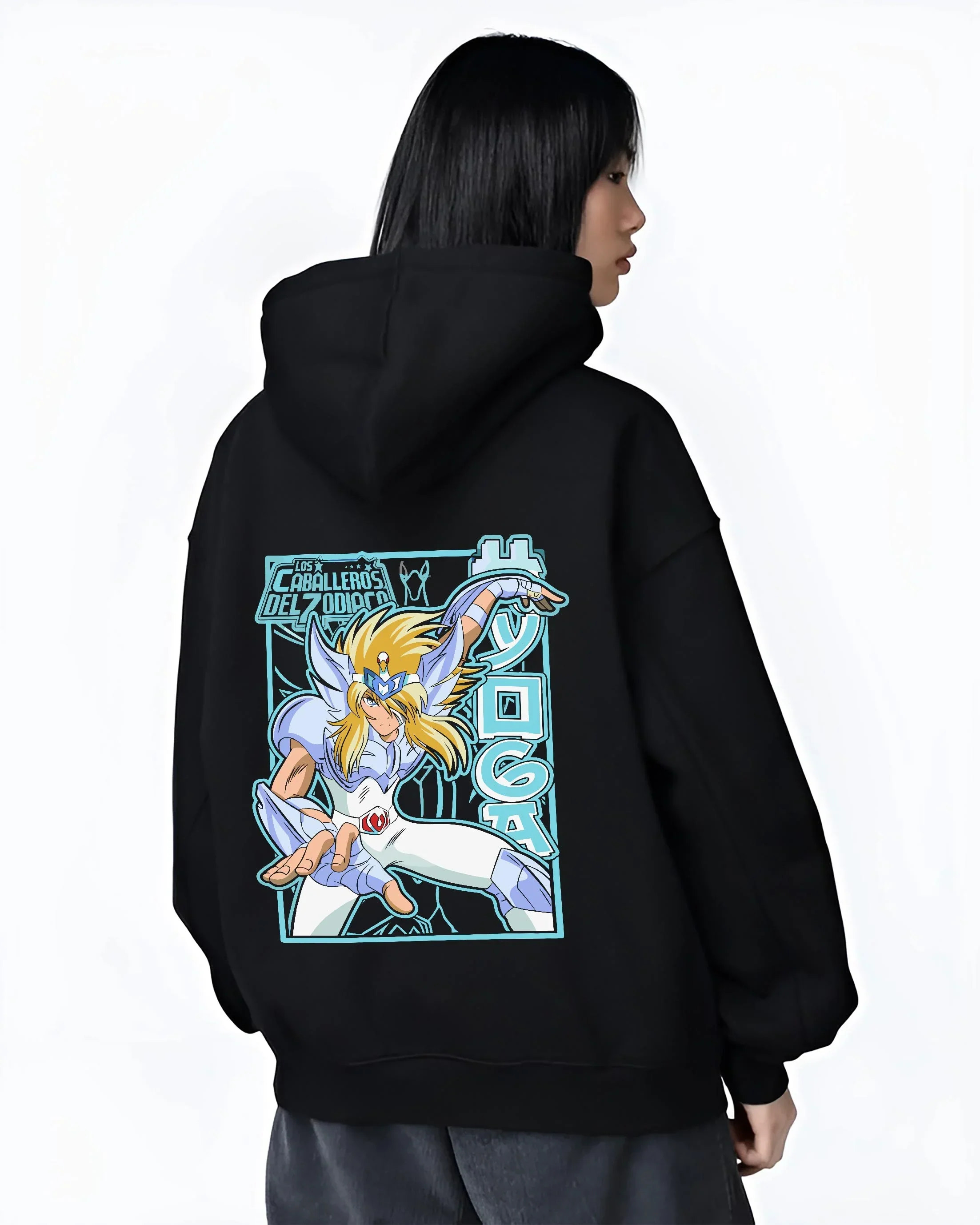 Black hoodie worn by female model, back view with Saint Seiya Hoodie Cygnus Hyoga Classic Pose Jumper graphic Hyoga anime design.