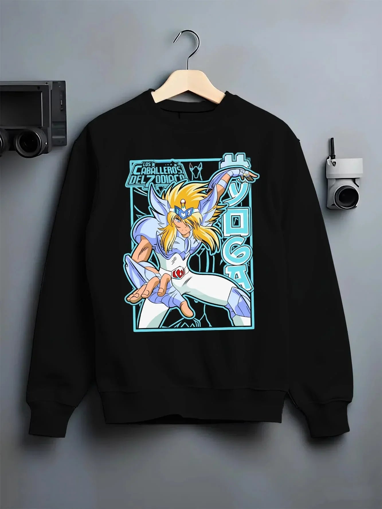 Black crewneck sweatshirt on hanger with Saint Seiya Hoodie Cygnus Hyoga Classic Pose Jumper graphic premium wear.
