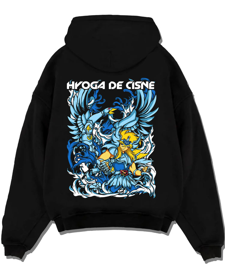 Black pullover hoodie laid flat with Saint Seiya Hoodie Cygnus Hyoga Ice Power Jumper graphic premium wear.