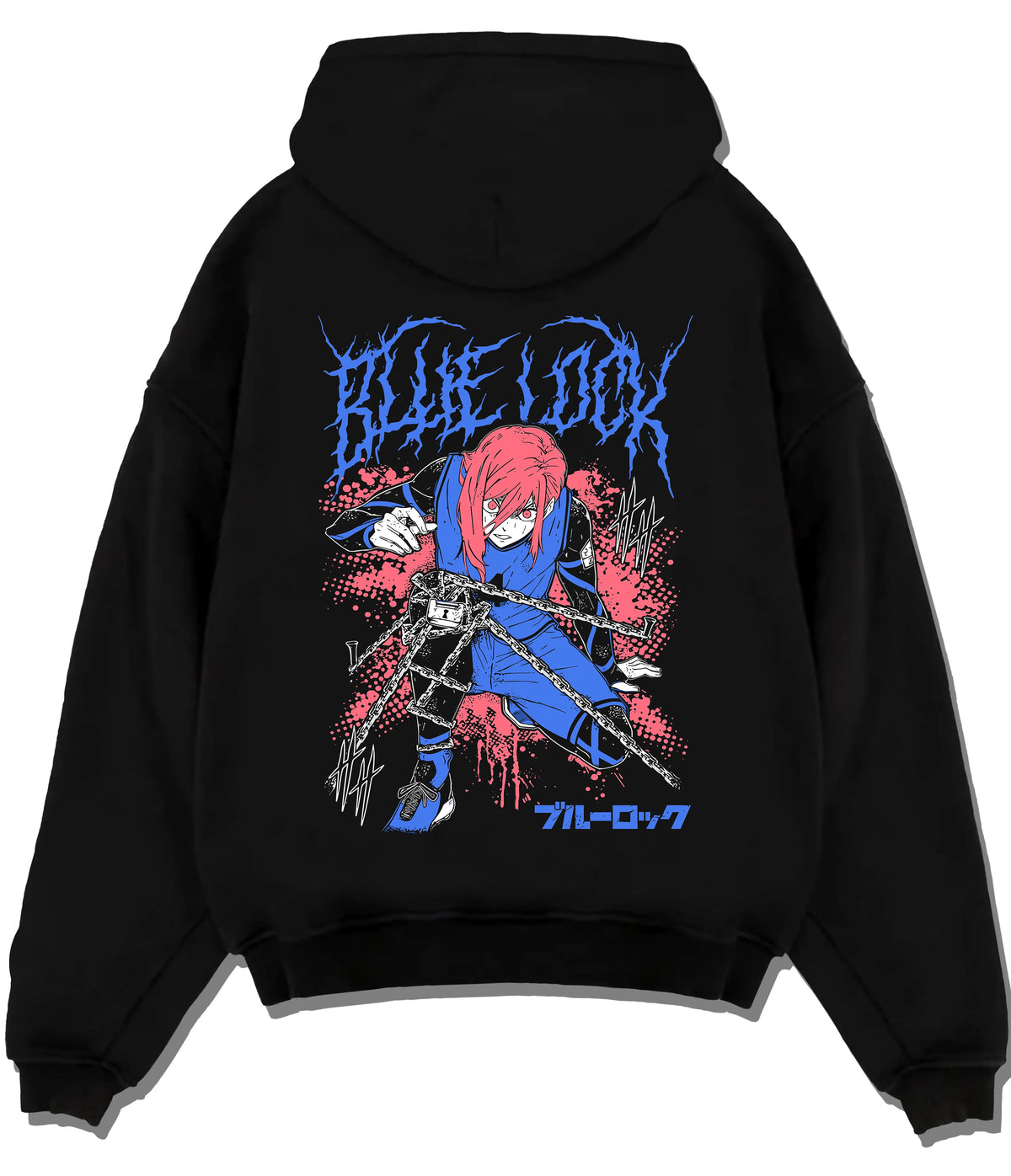 Black hoodie flat back view showing Hyoma Chigiri from Blue Lock: long pink hair and blue football kit