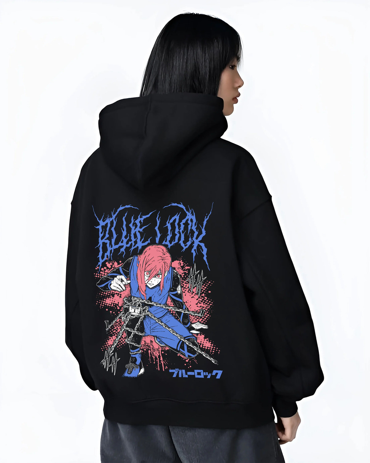 Black hoodie female model back view showing Hyoma Chigiri from Blue Lock: long pink hair and blue football kit