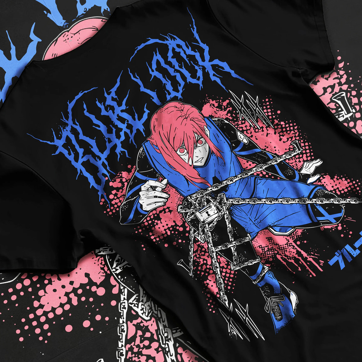 Black T-shirt flat back view showing Hyoma Chigiri from Blue Lock: long pink hair and blue football kit