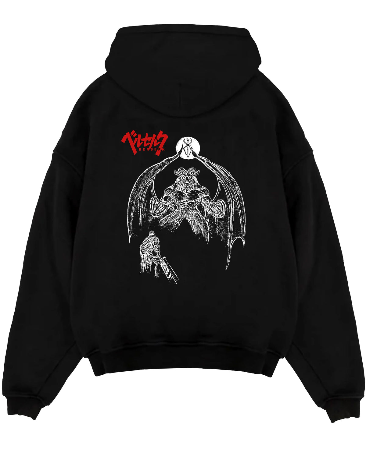 Black pullover hoodie laid flat on a white background, featuring Berserk Guts anime poster inspired design with demonic apostle and retro manga line art.
