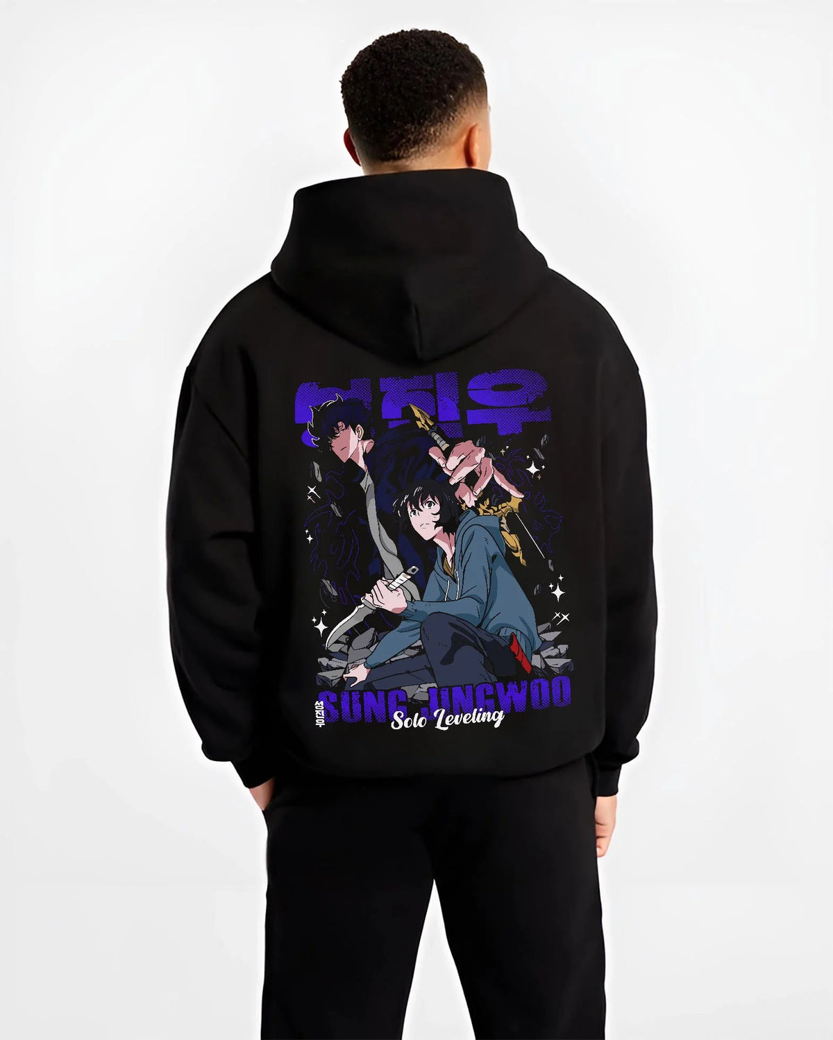 Black hoodie worn by male model from the back featuring Sung Jin-Woo ice dragon shadow battle artwork.