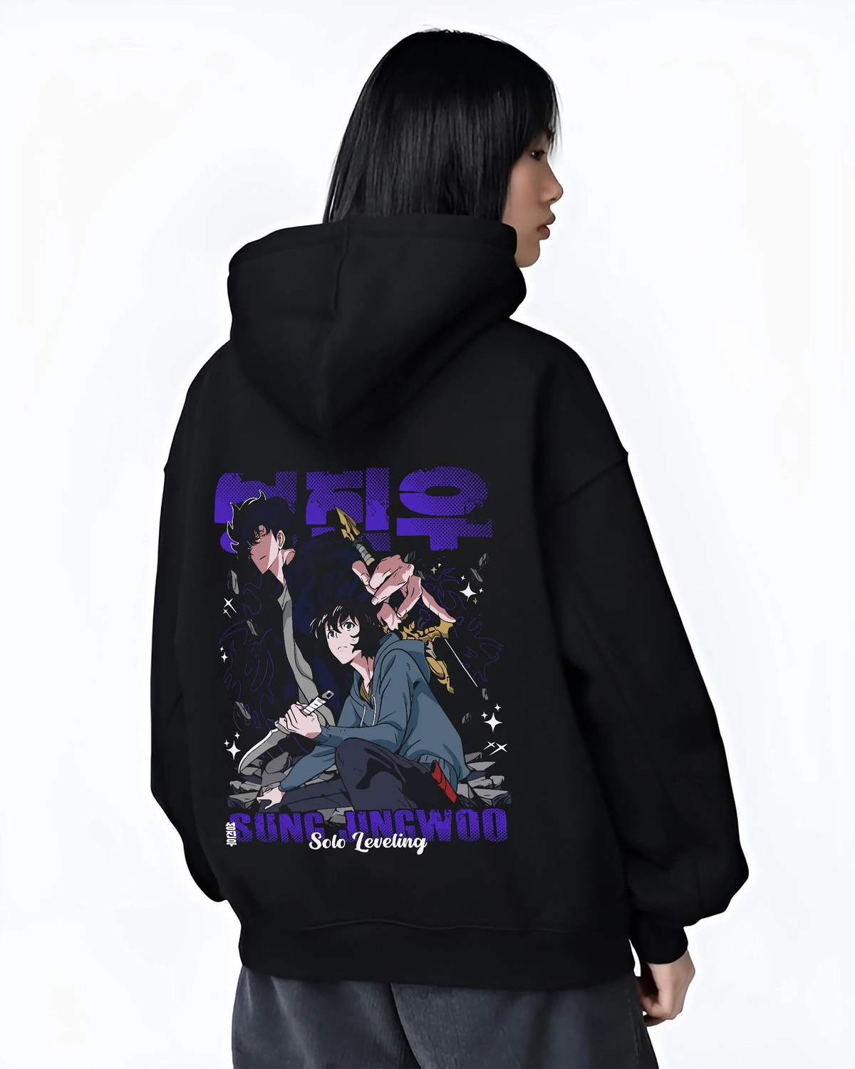 Black hoodie worn by female model from the back featuring Sung Jin-Woo ice dragon shadow battle artwork.