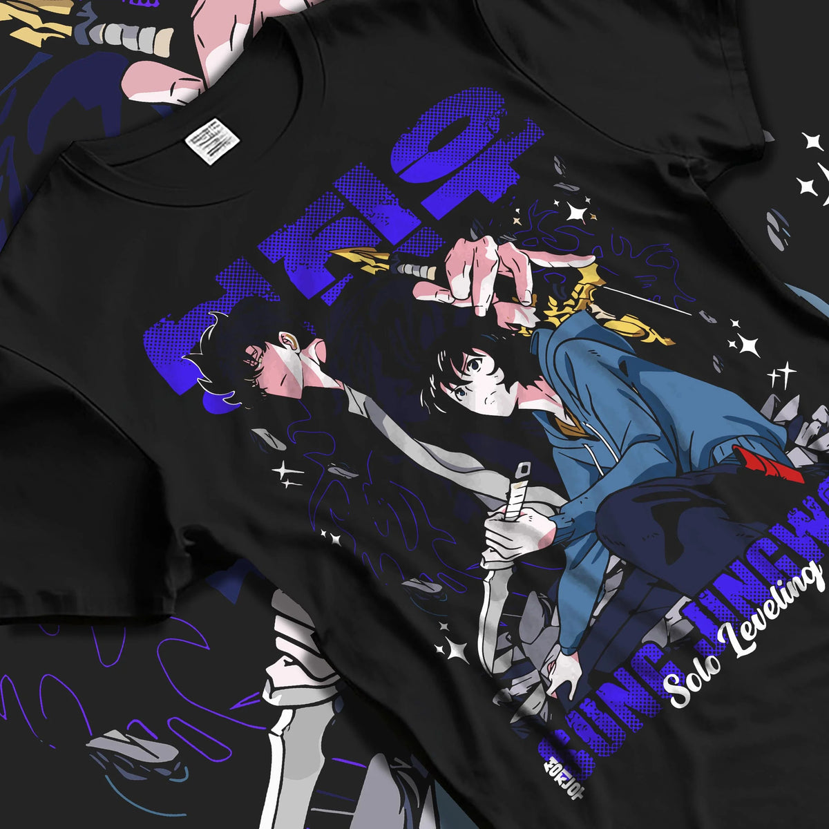 Black T-shirt laid flat with natural folds featuring Sung Jin-Woo ice dragon shadow battle artwork.