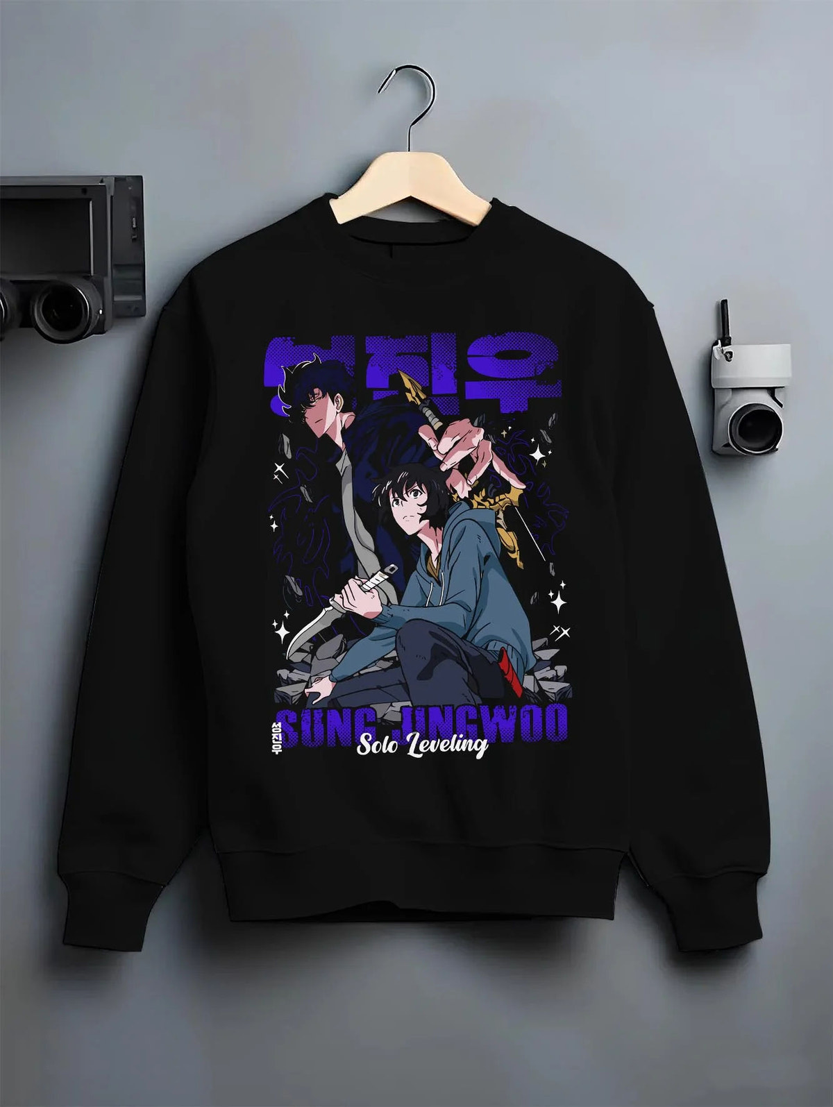 Black crewneck sweatshirt on hanger featuring Sung Jin-Woo ice dragon shadow battle artwork.