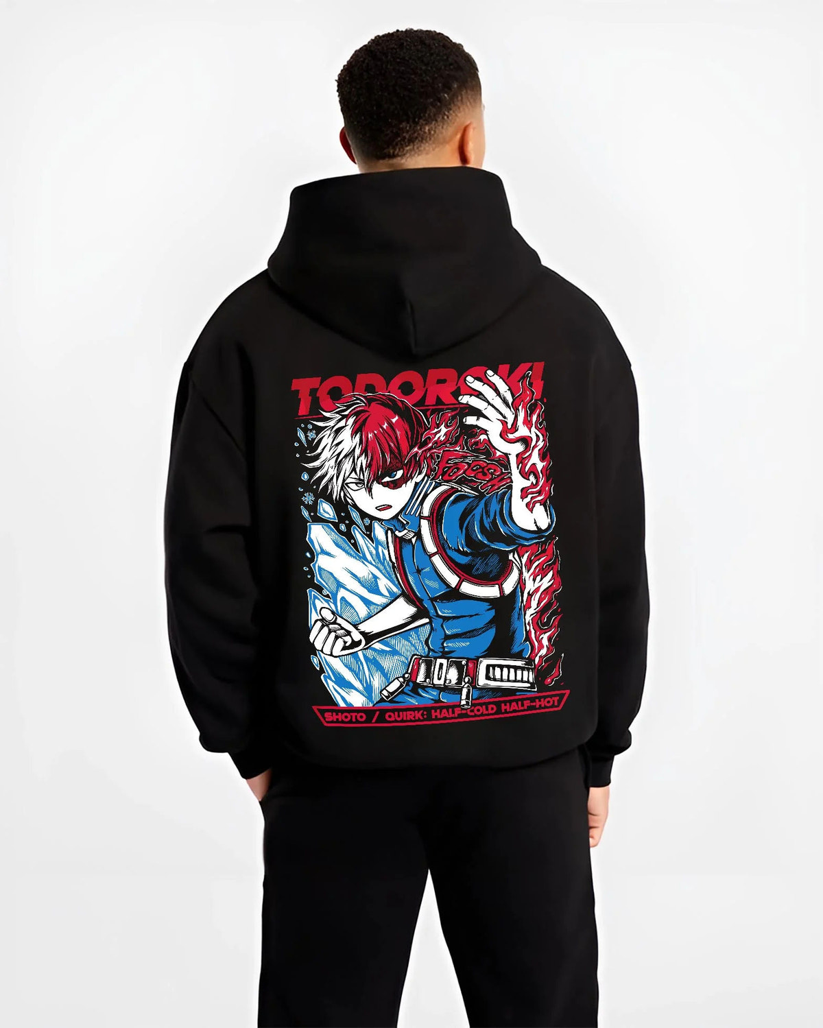 Black hoodie worn by male model from the back featuring Shoto Todoroki Half Cold Half Hot artwork.