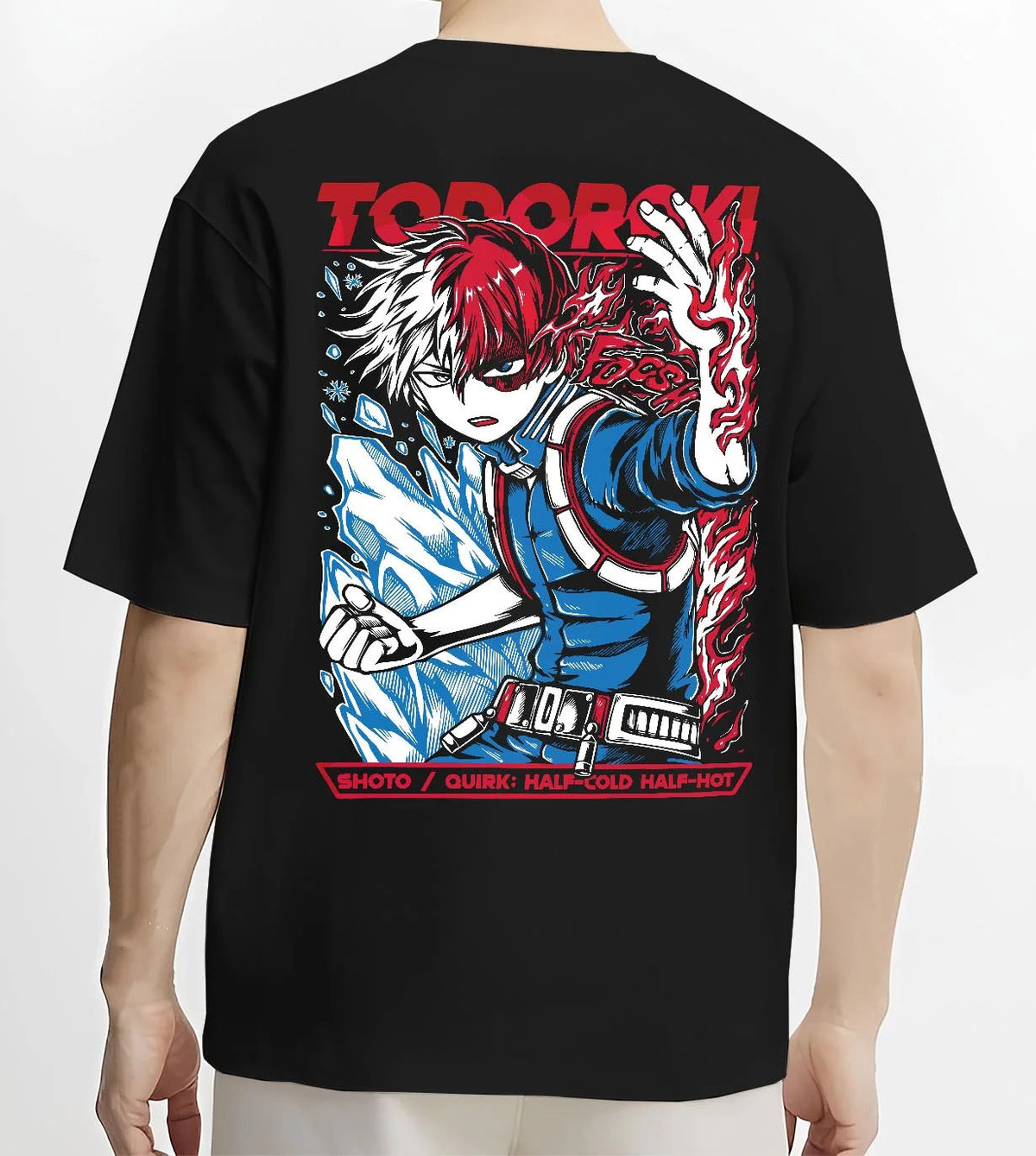 Black T-shirt worn by male model from the back featuring Shoto Todoroki Half Cold Half Hot artwork.