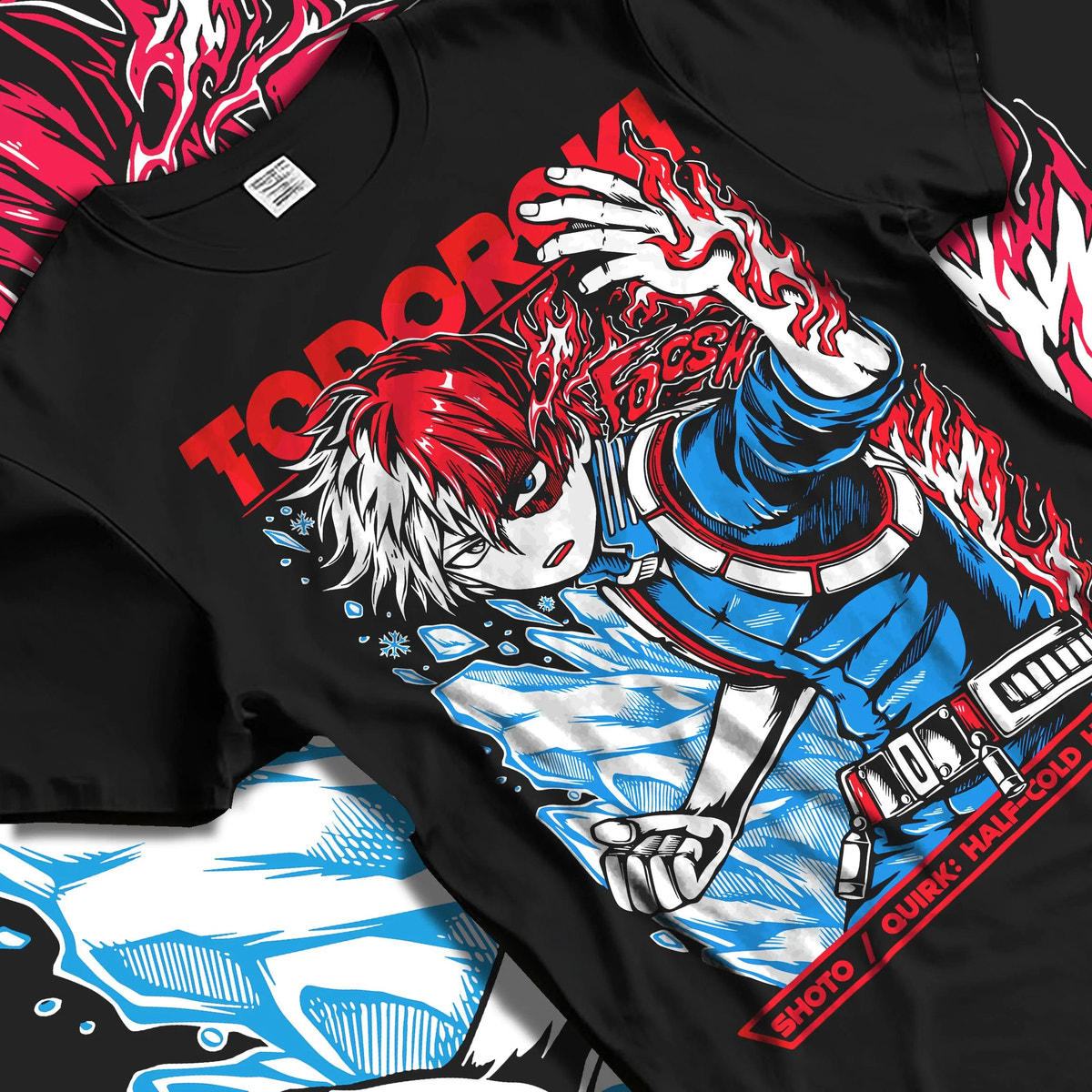 Black T-shirt laid flat with natural folds featuring Shoto Todoroki Half Cold Half Hot artwork.