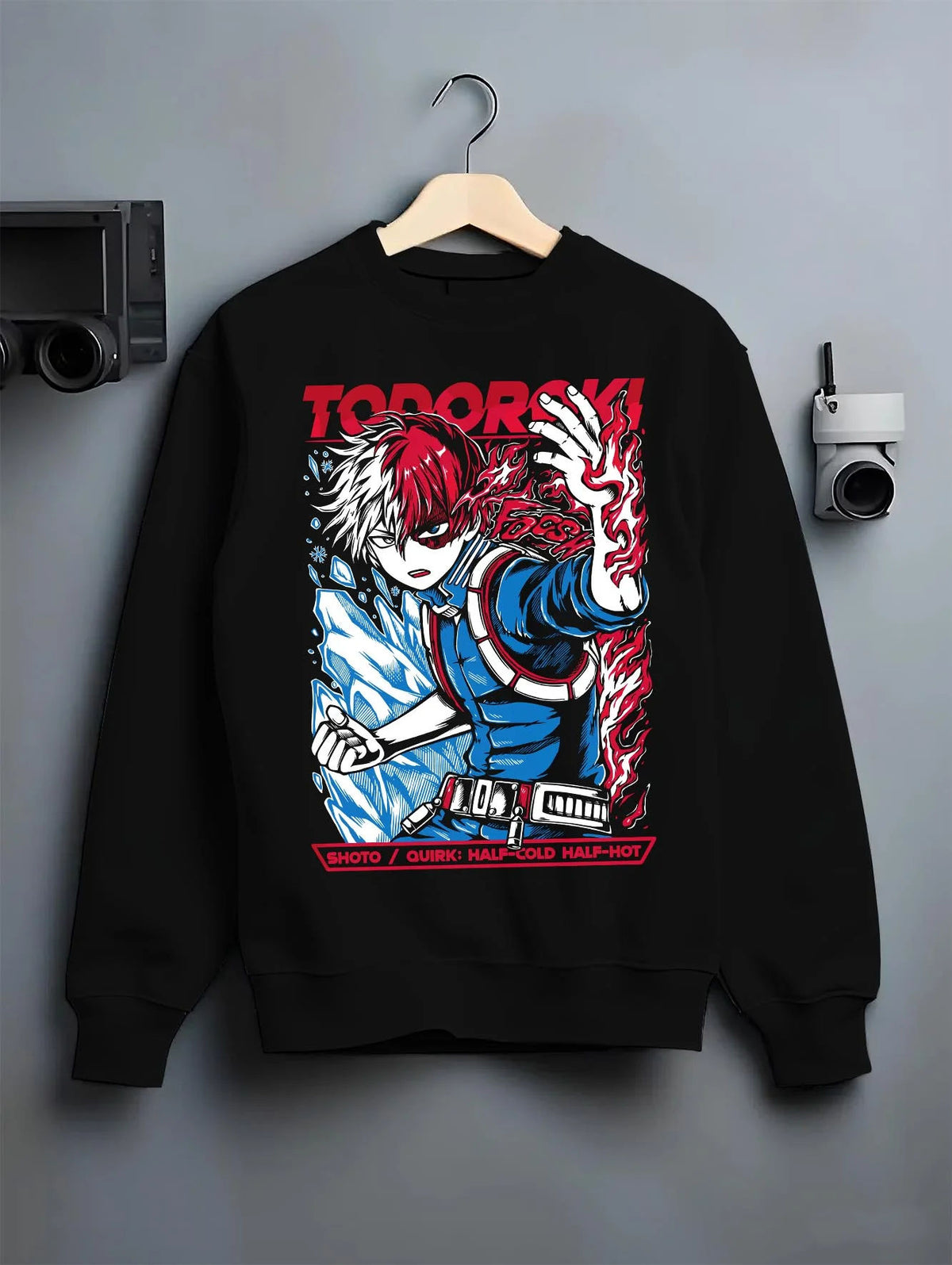 Black crewneck sweatshirt on hanger featuring Shoto Todoroki Half Cold Half Hot artwork.