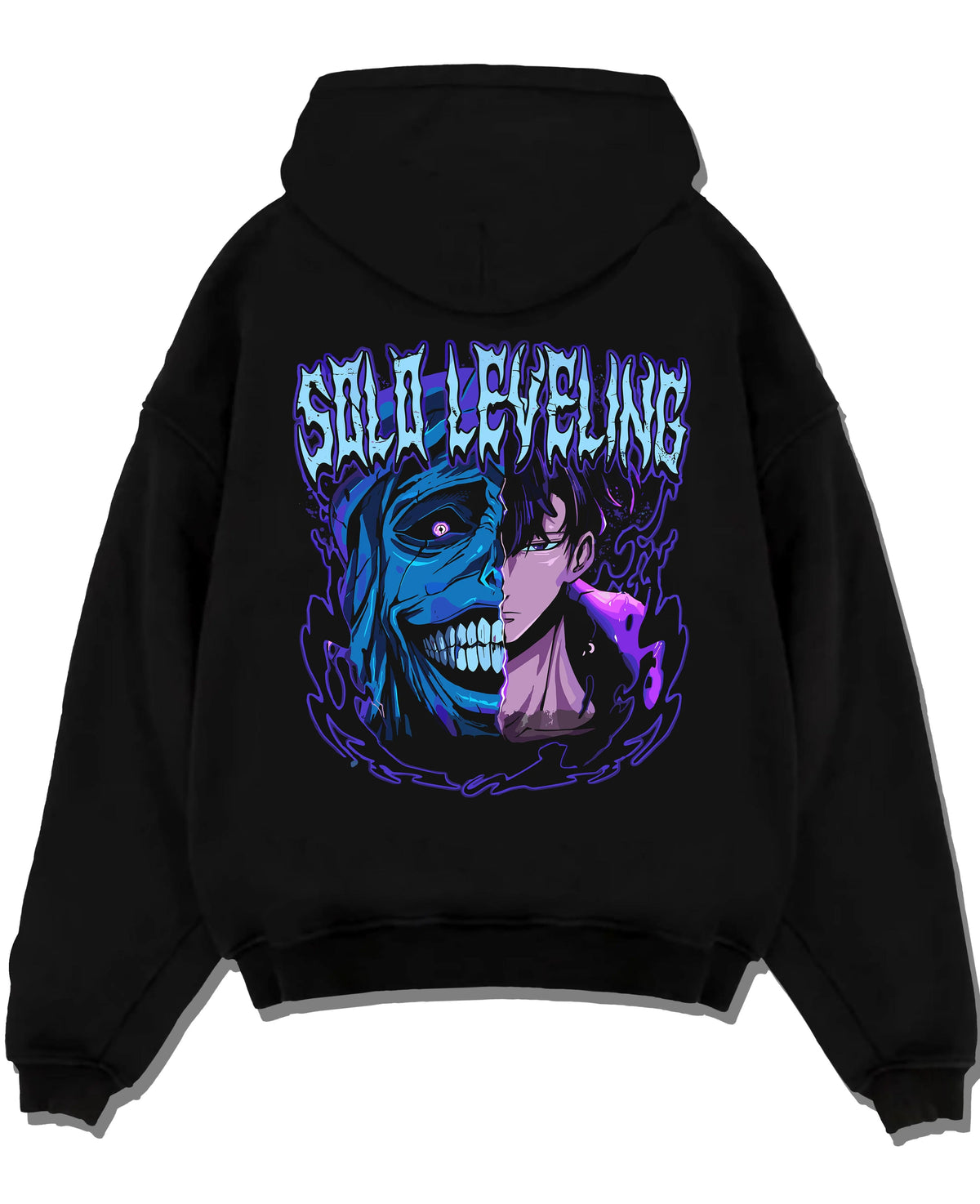 Black hoodie laid flat featuring Solo Leveling frost demon Ice King artwork.
