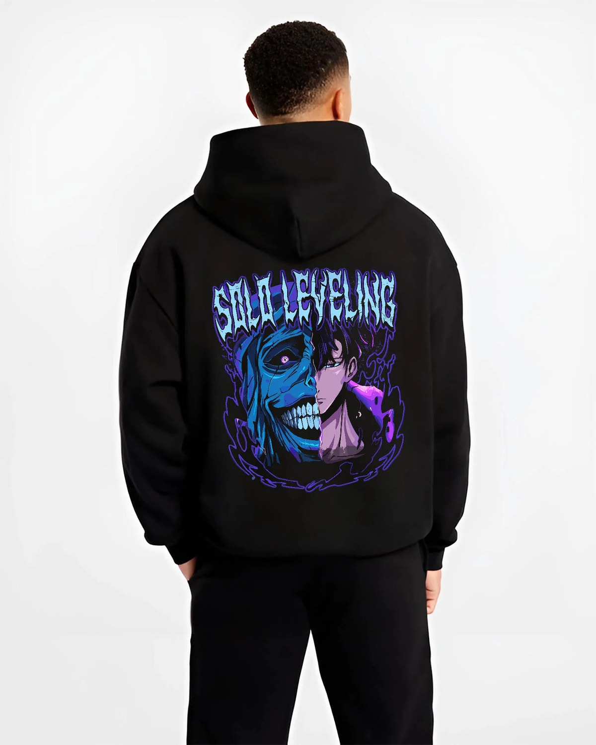 Black hoodie worn by male model from the back featuring Solo Leveling frost demon Ice King artwork.