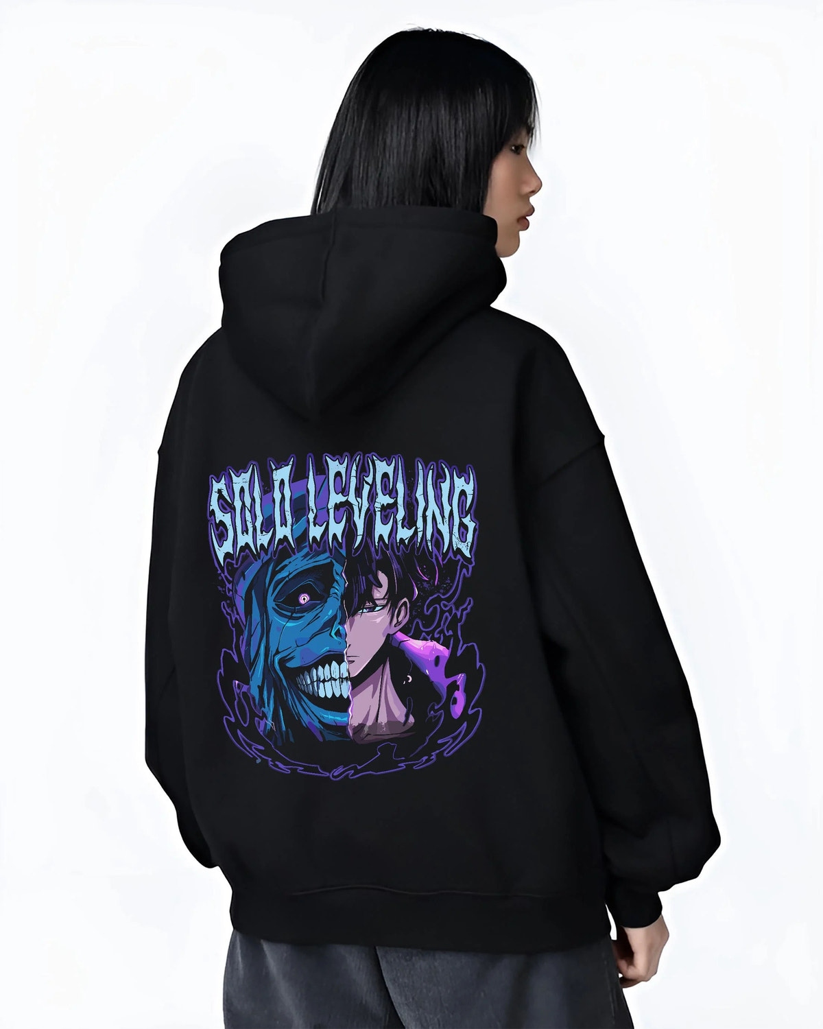 Black hoodie worn by female model from the back featuring Solo Leveling frost demon Ice King artwork.