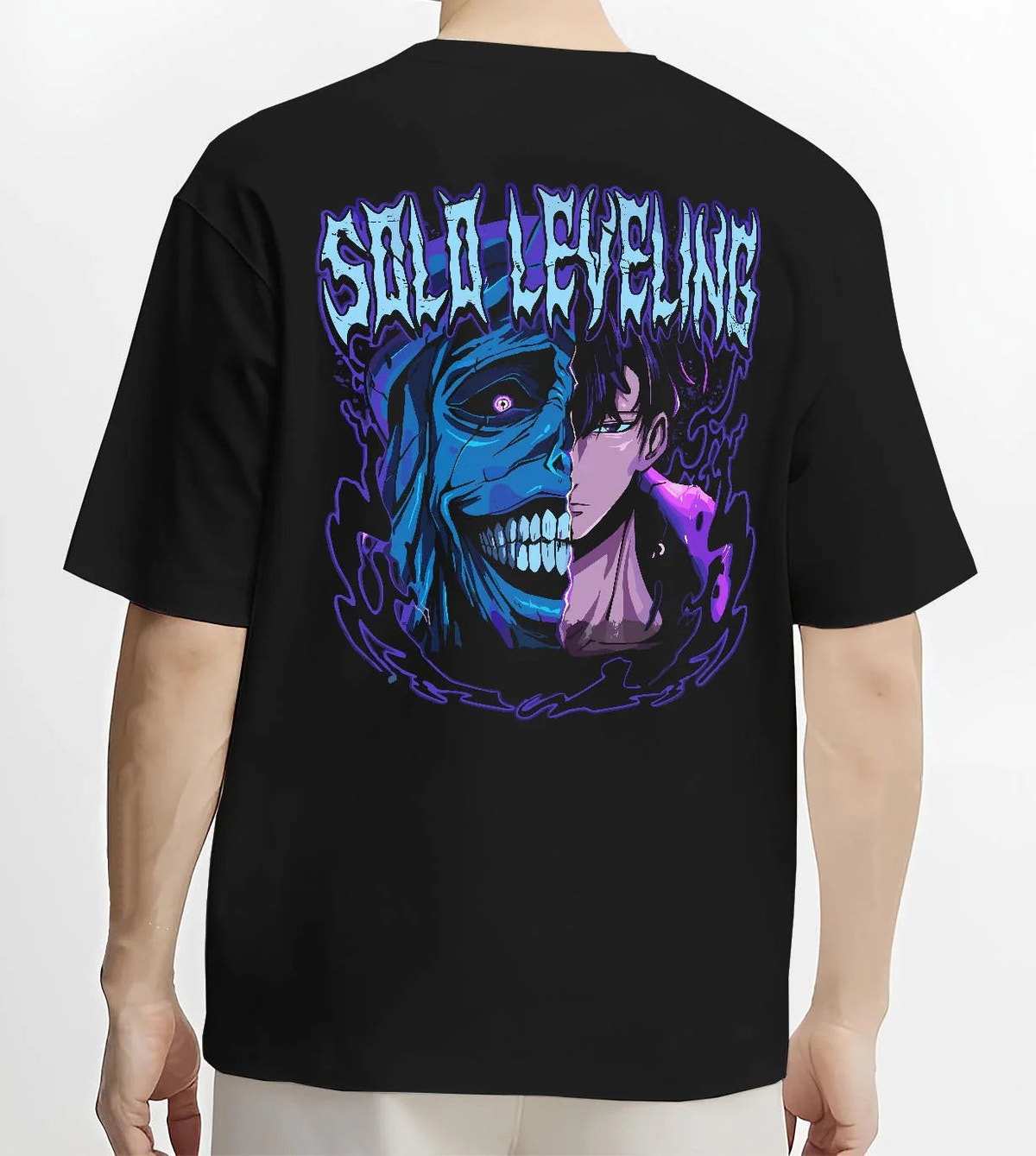 Black T-shirt worn by male model from the back featuring Solo Leveling frost demon Ice King artwork.