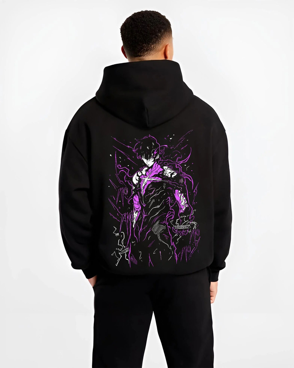 Black hoodie worn by male model from the back featuring Gojo purple cursed energy silhouette artwork.