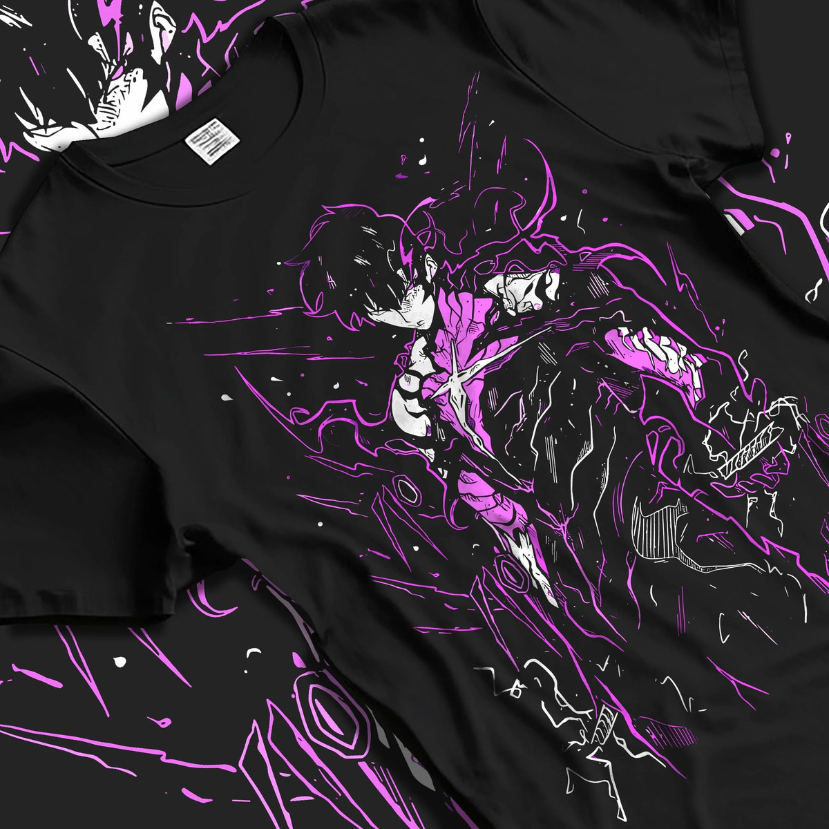 Black T-shirt laid flat with natural folds featuring Gojo purple cursed energy silhouette artwork.