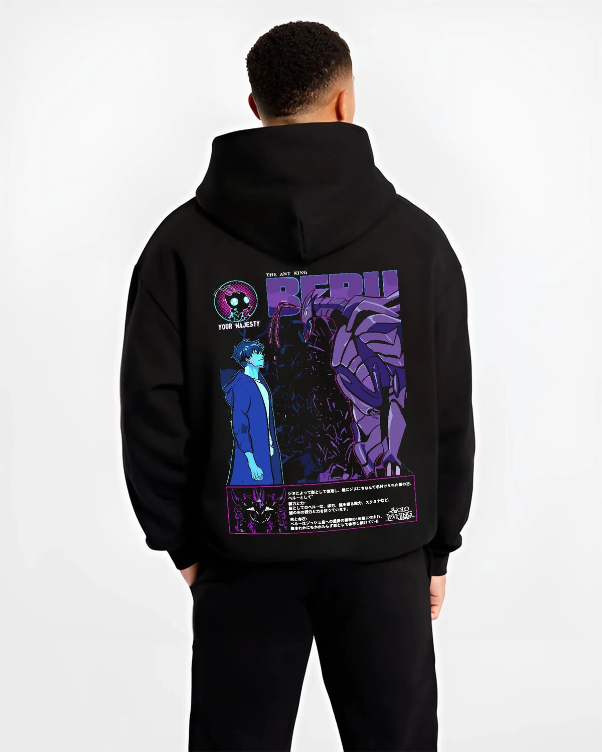 Black hoodie worn by male model from the back featuring Ice Monarch frost power artwork.