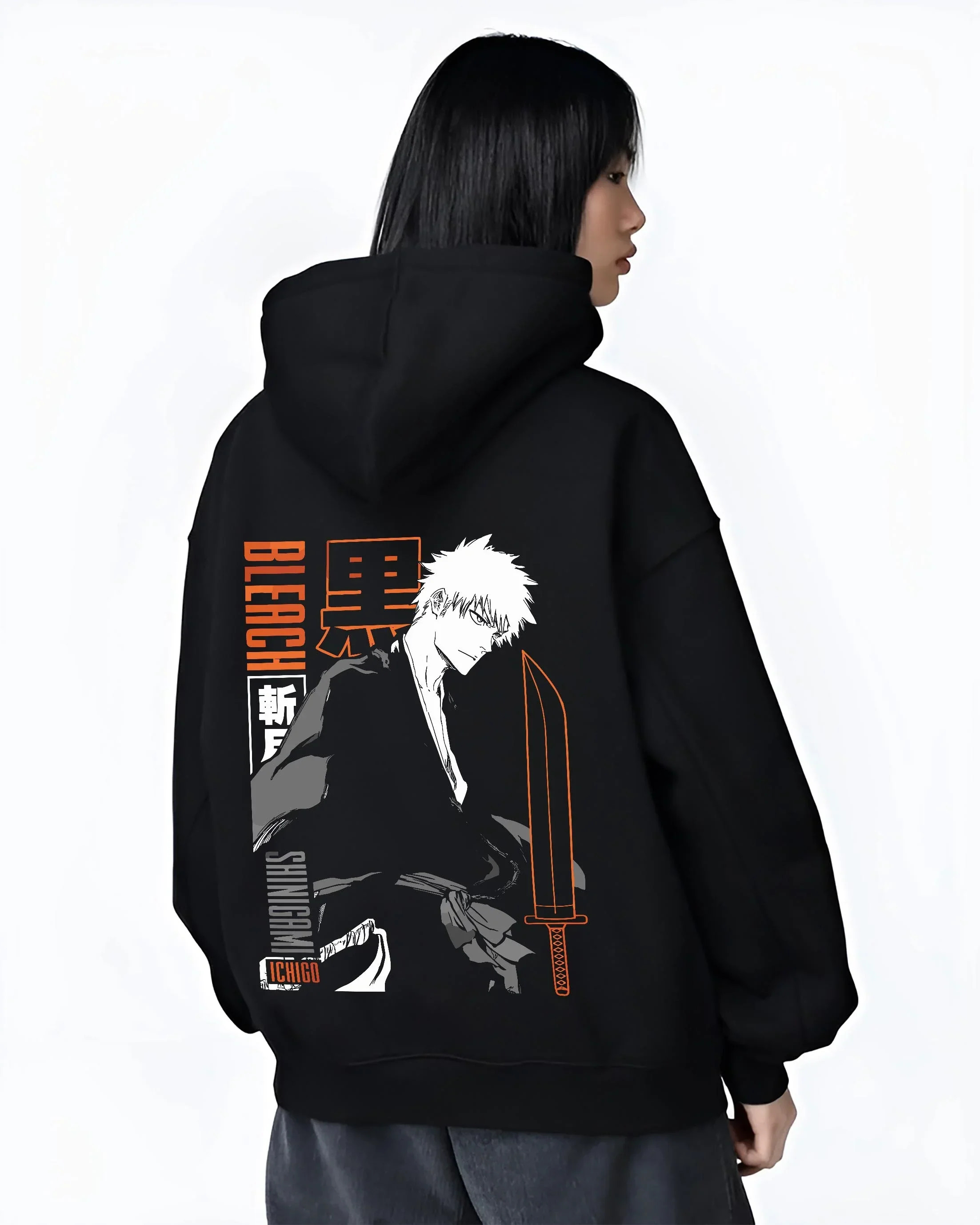 Black hoodie worn by female model, back view with Bleach Hoodie Ichigo Kurosaki Bankai Shadow Jumper graphic streetwear graphic.