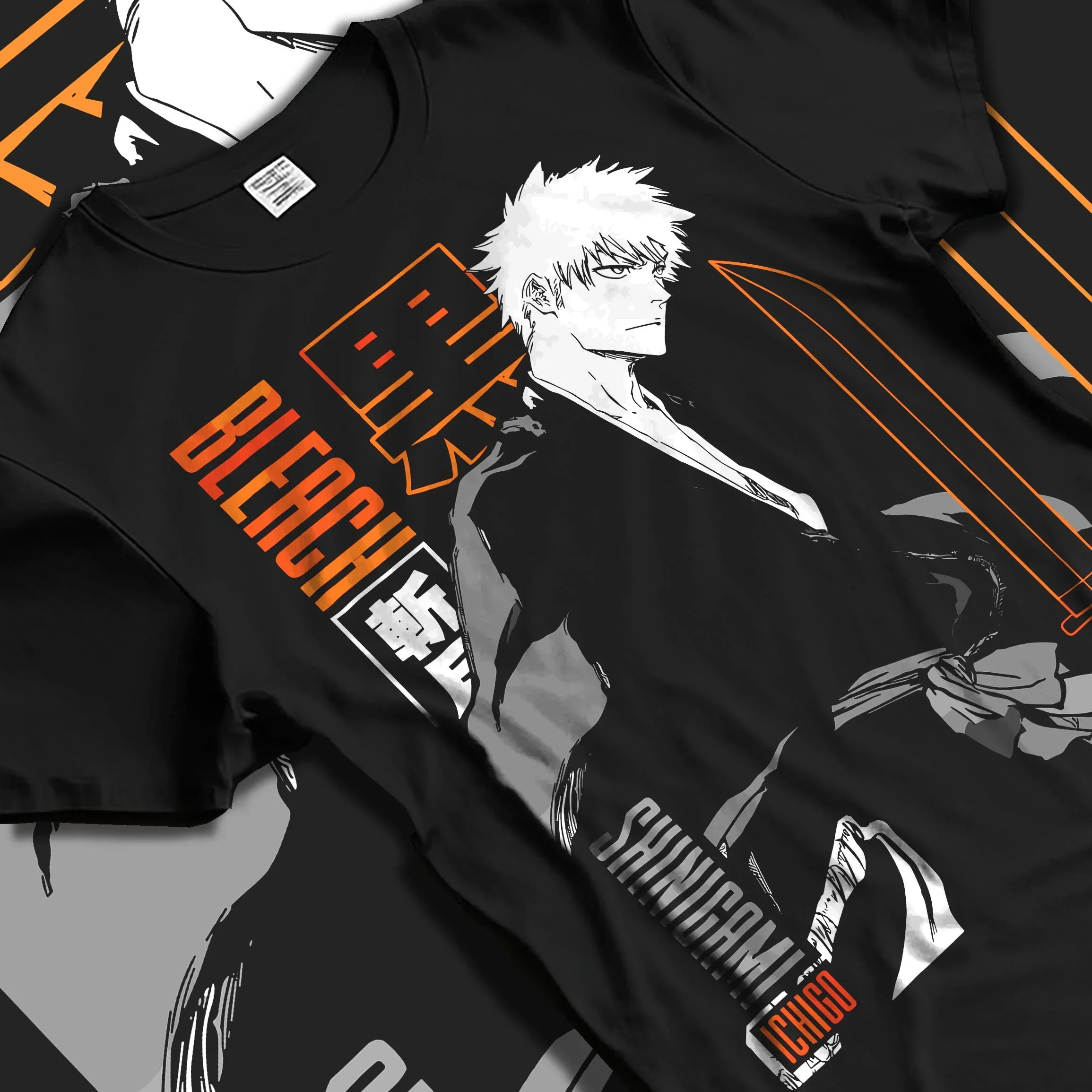 Black T-shirt laid flat with natural folds with Bleach Hoodie Ichigo Kurosaki Bankai Shadow Jumper graphic premium wear.