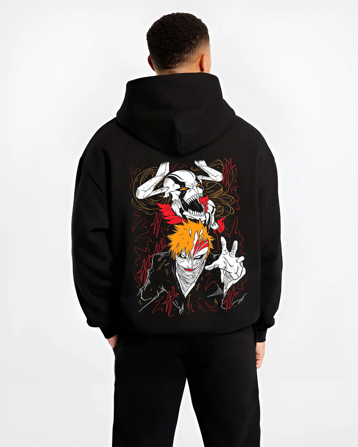 Black hoodie model back view showing Ichigo Kurosaki from Bleach: Hollow mask and dual portrait